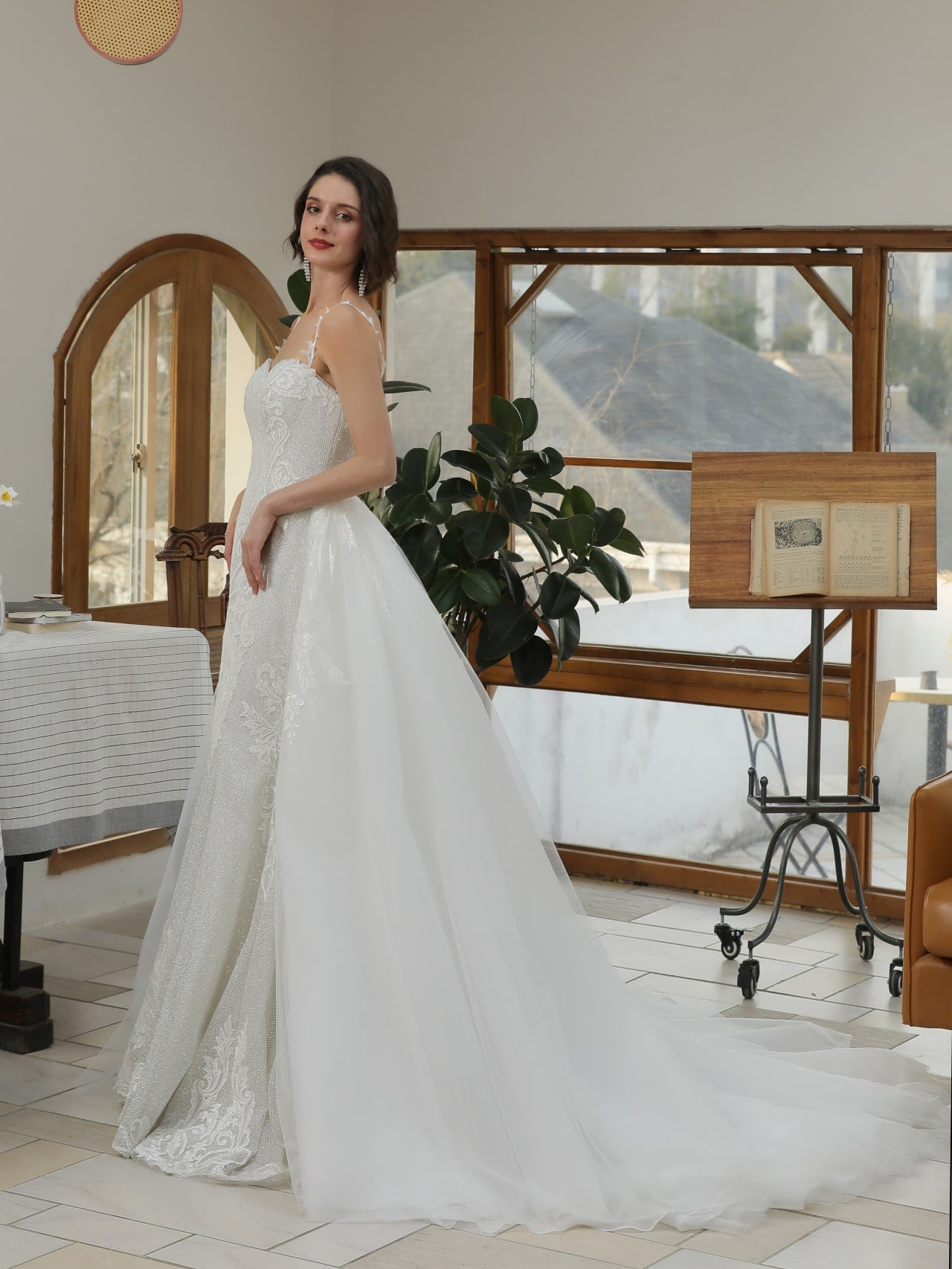 Voluminous Detachable Organza with Floral Lace Wedding Overskirt - A.Cherie Couture Shop