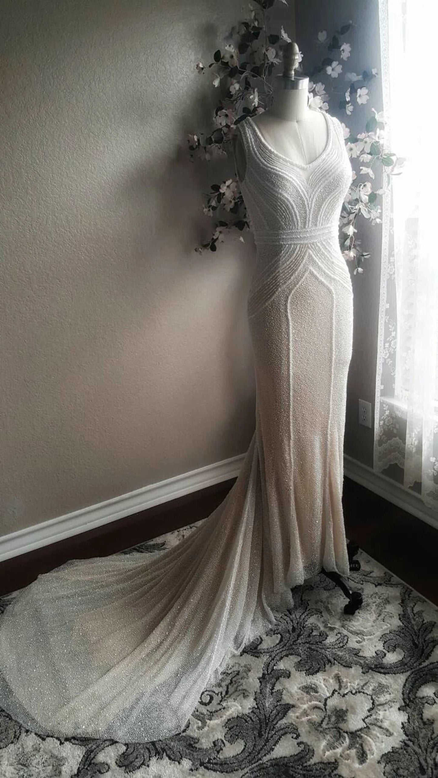 Beaded Art Deco Style Fit & Flare Wedding Dress Gabby - A.Cherie Couture Shop