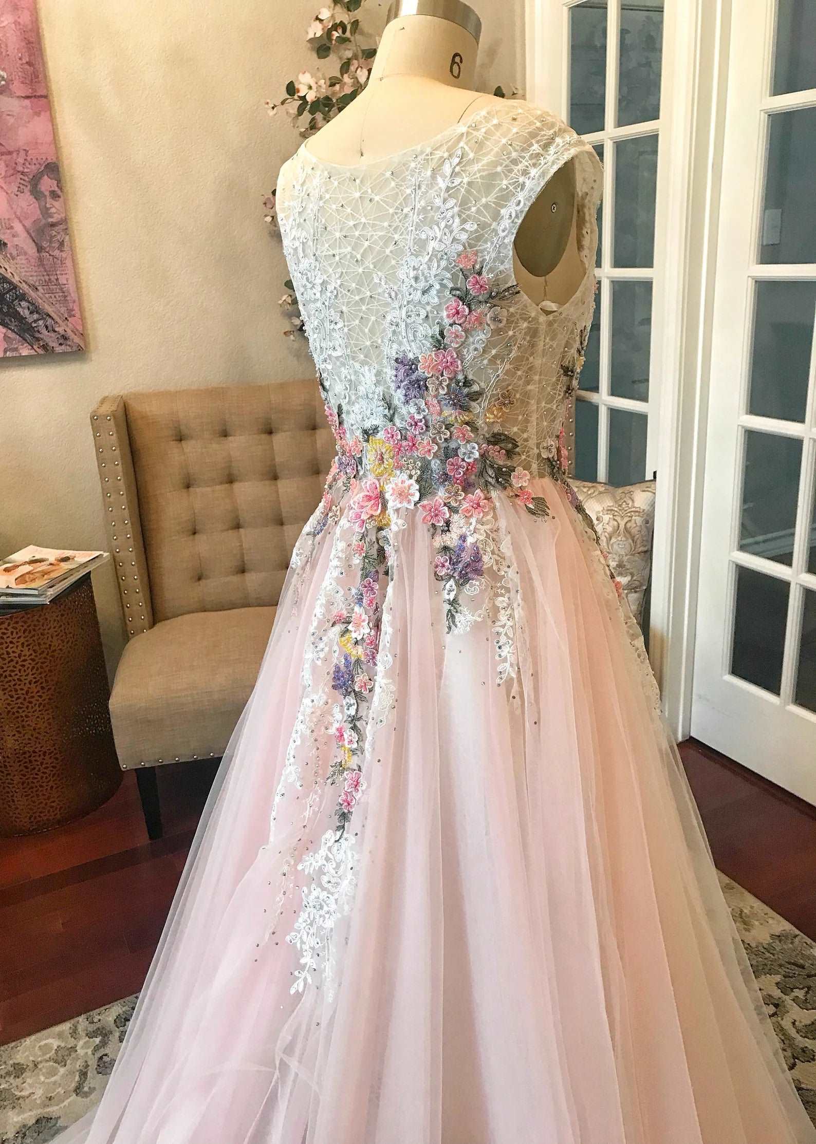 Beaded Floral Blush A-Line Wedding Dress Alice - A.Cherie Couture Shop