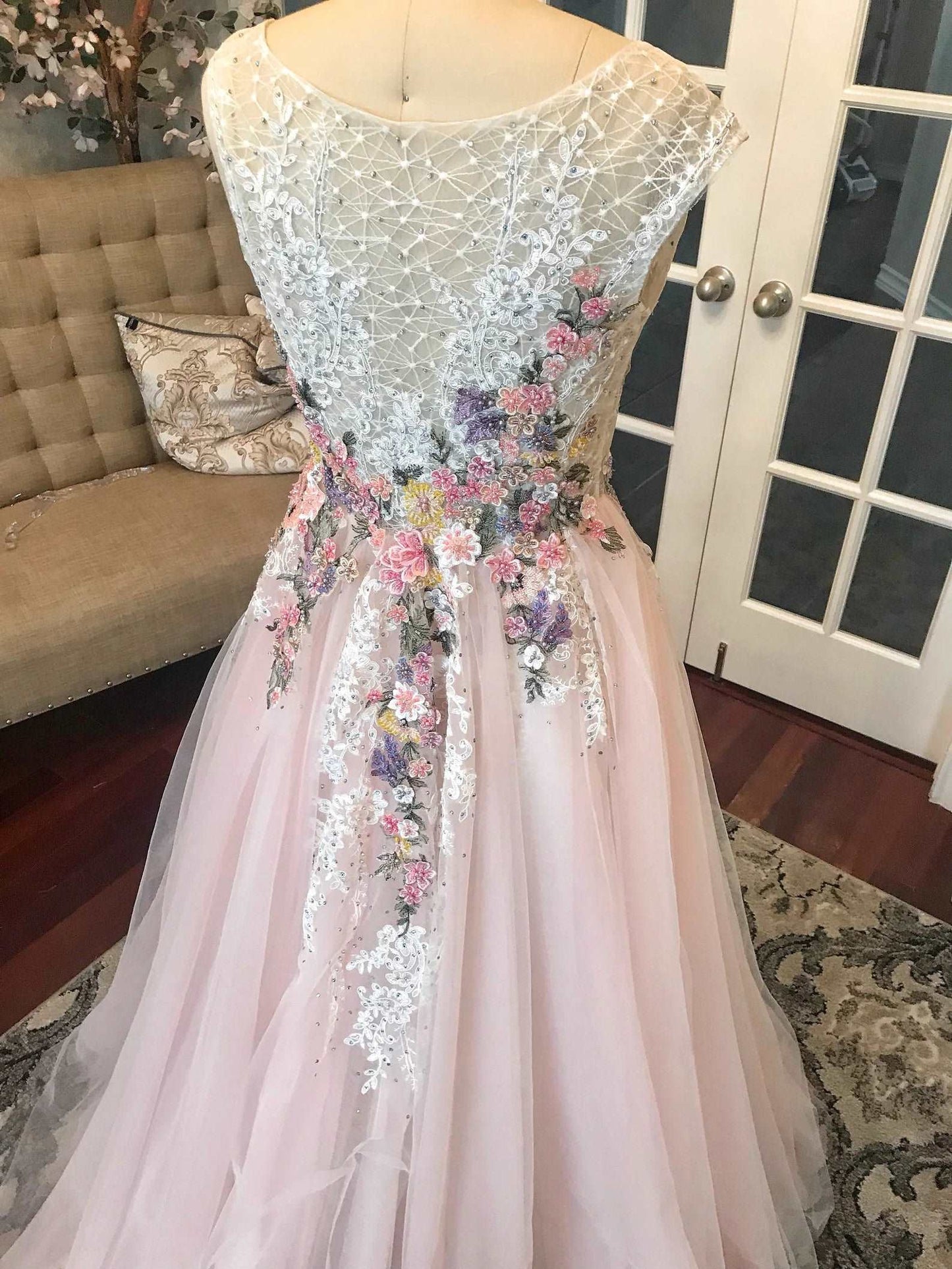 Beaded Floral Blush A-Line Wedding Dress Alice - A.Cherie Couture Shop