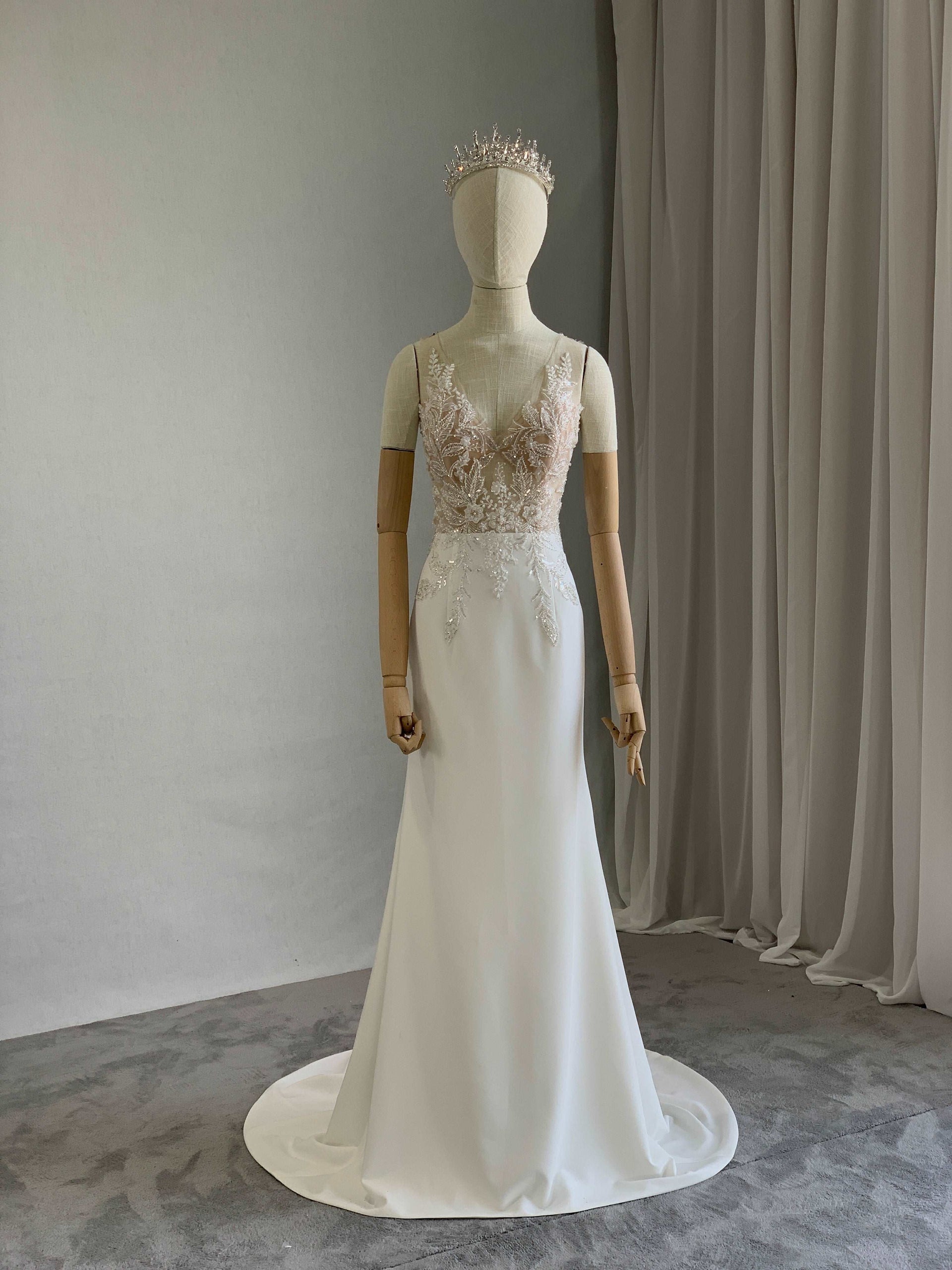 Beaded Floral Lace Crepe Fit & Flare Wedding Dress