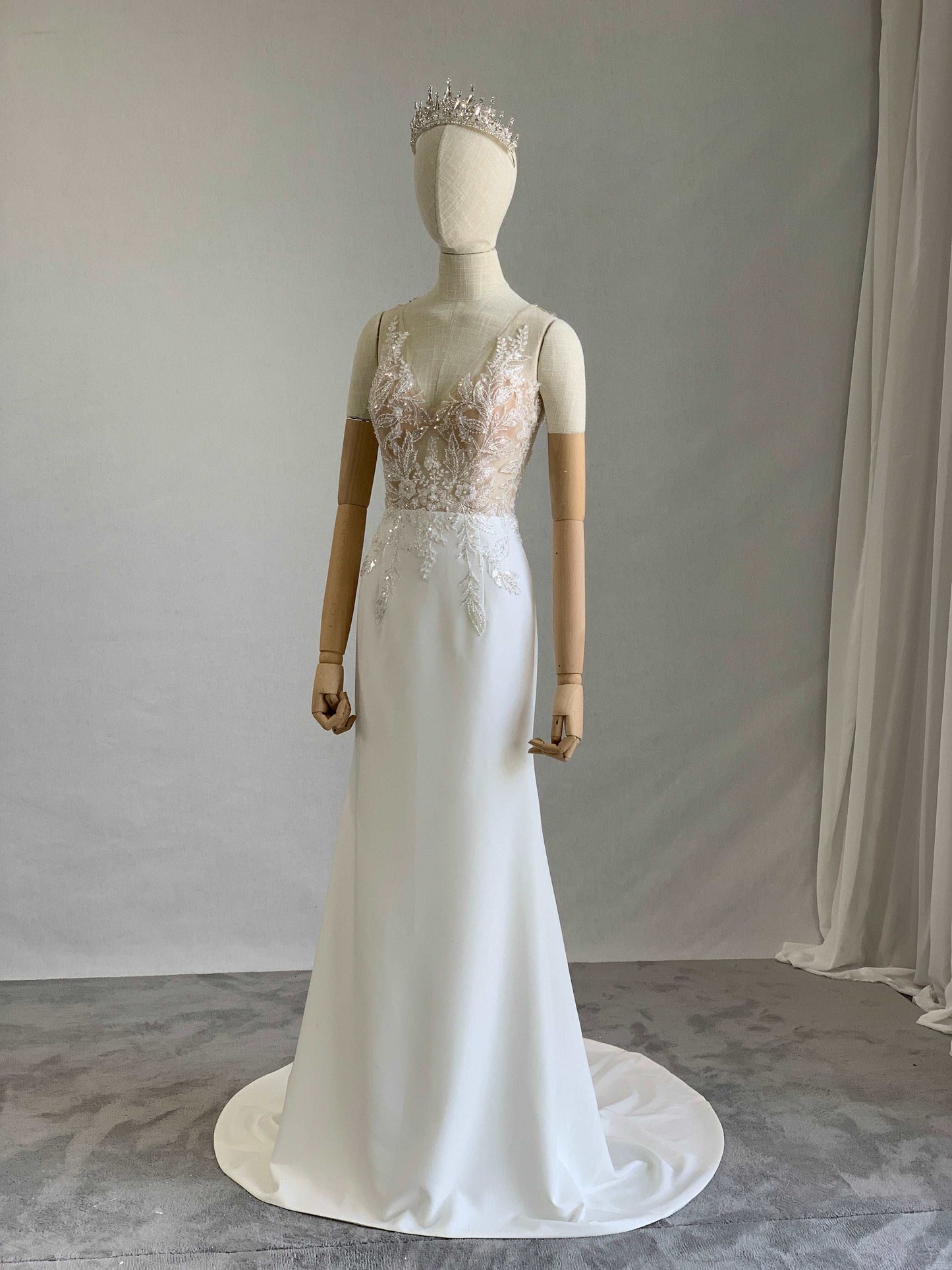 Beaded Lace Crepe Fit & Flare Wedding Dress Emma - A.Cherie Couture Shop