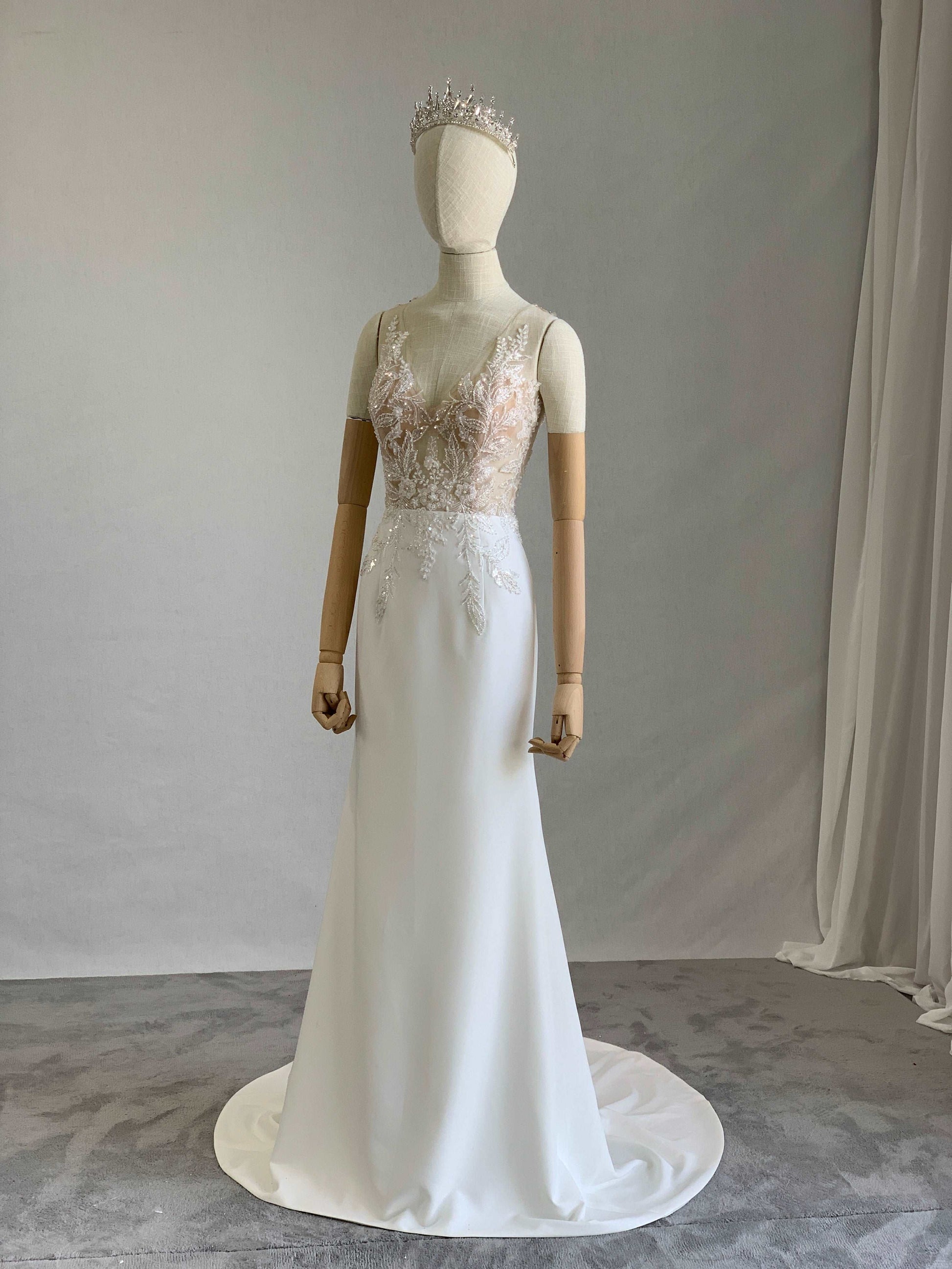 Beaded Lace Crepe Fit & Flare Wedding Dress Emma - A.Cherie Couture Shop