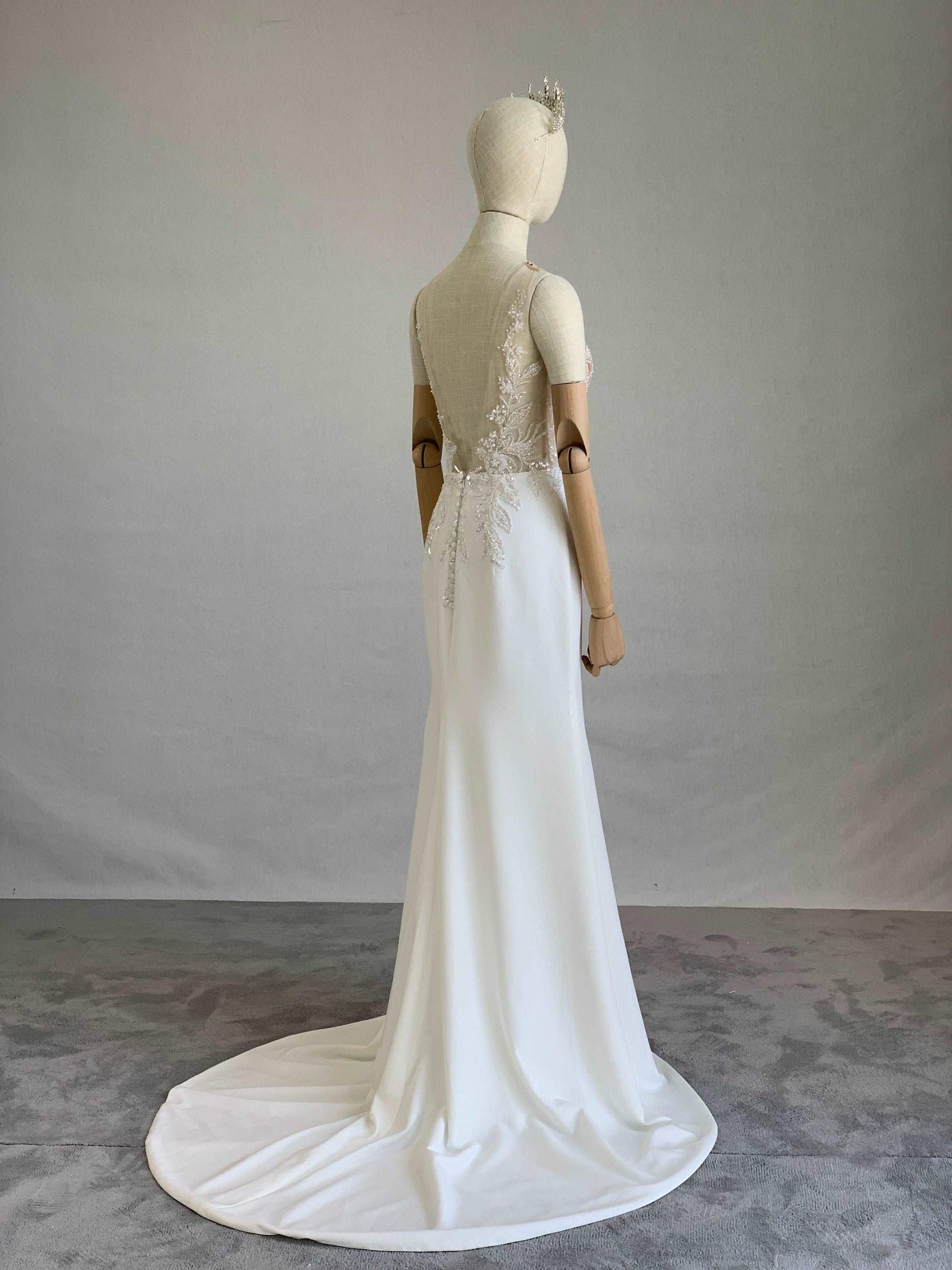 Beaded Lace Crepe Fit & Flare Wedding Dress Emma - A.Cherie Couture Shop
