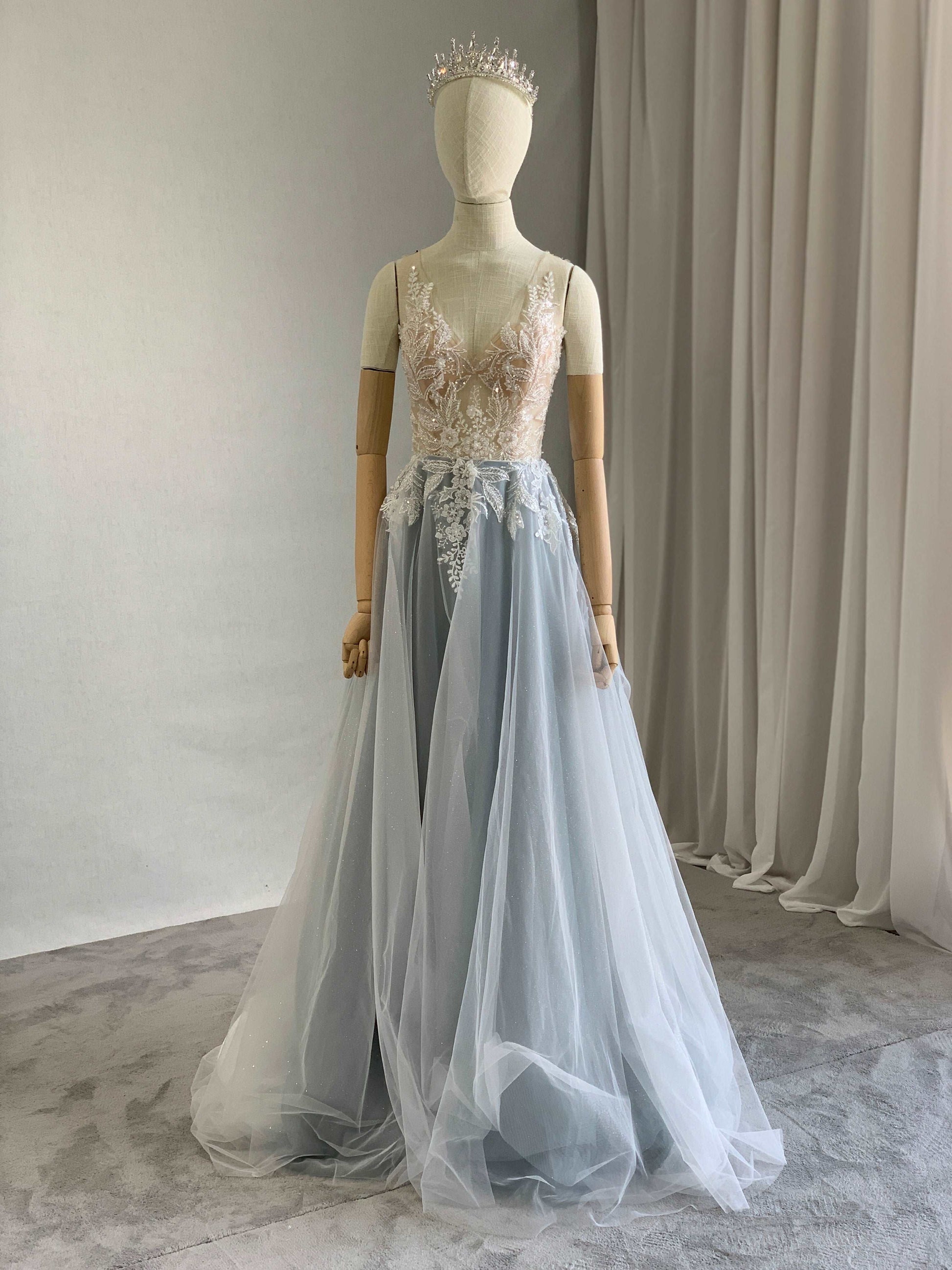 Beaded Floral Lace Crepe Fit & Flare Wedding Dress | Shop A.Cherie Light Ivory / US 12 / Yes Overskirt + Beaded Floral Lace Crepe Fit & Flare Wedding Dress | Shop A.Cherie Light Ivory / US 12 / Yes Overskirt +