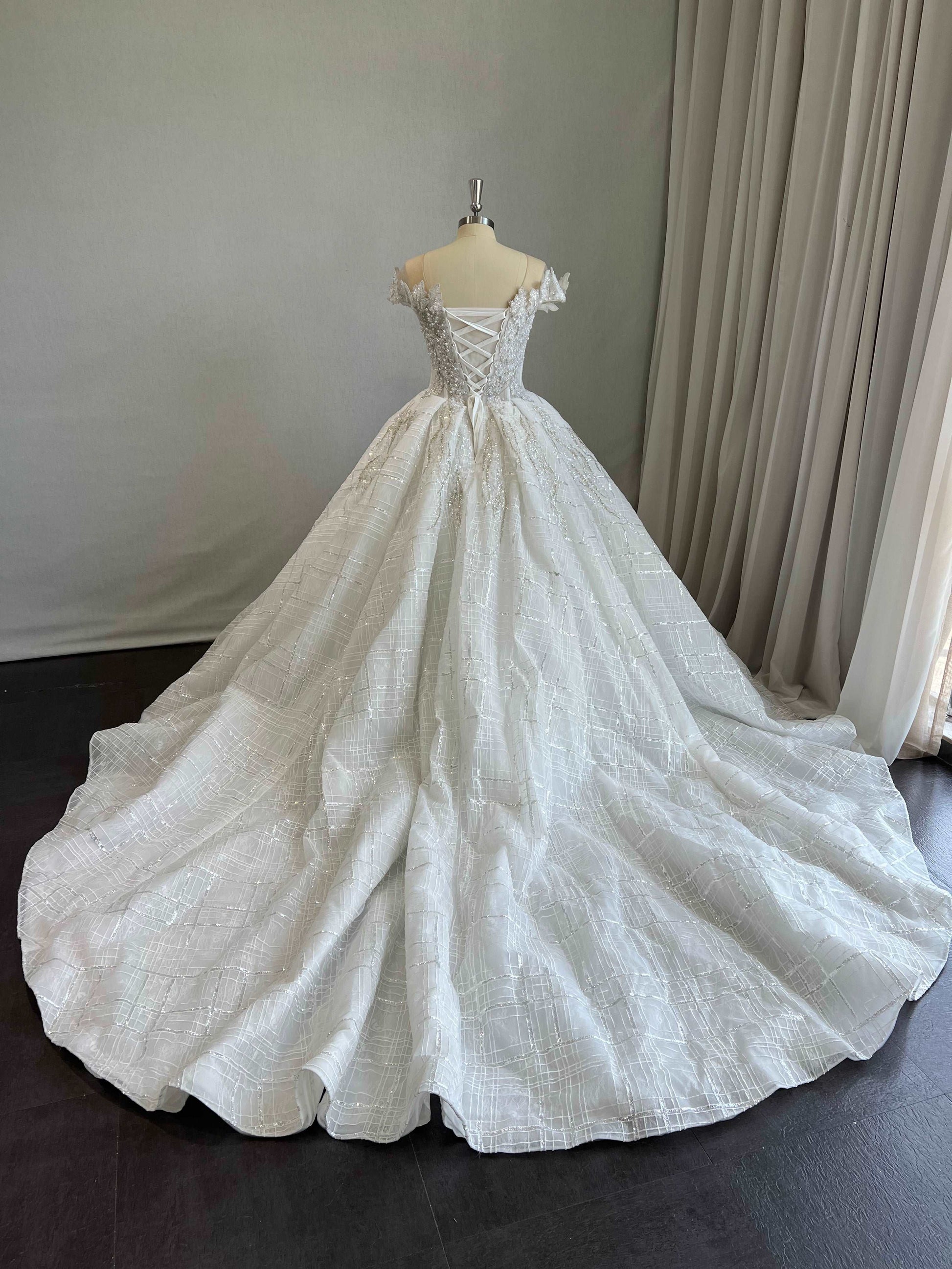 Beaded Linear Lace Ball Gown Wedding Dress Mia - A.Cherie Couture Shop