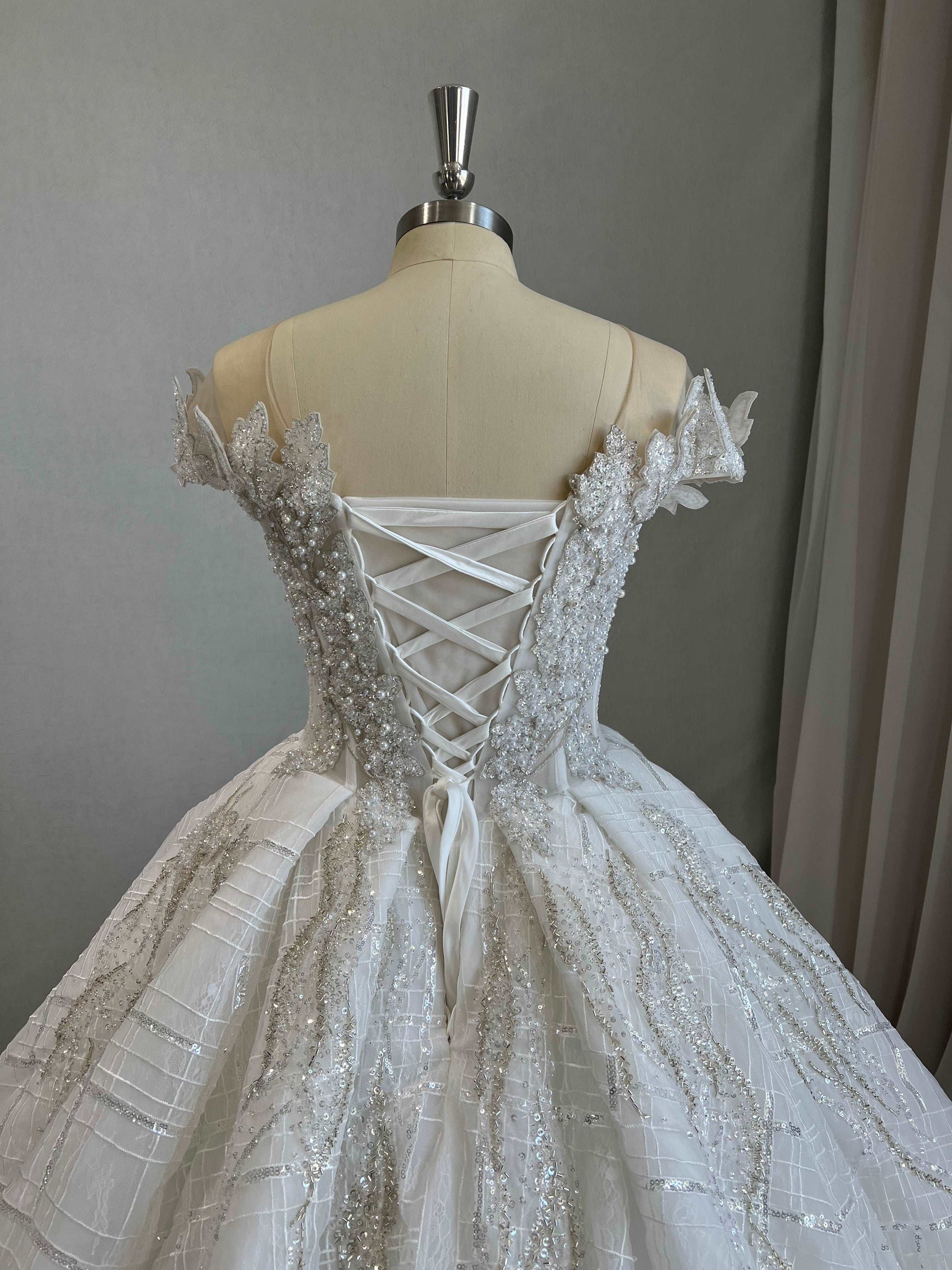Beaded Linear Lace Ball Gown Wedding Dress Mia - A.Cherie Couture Shop