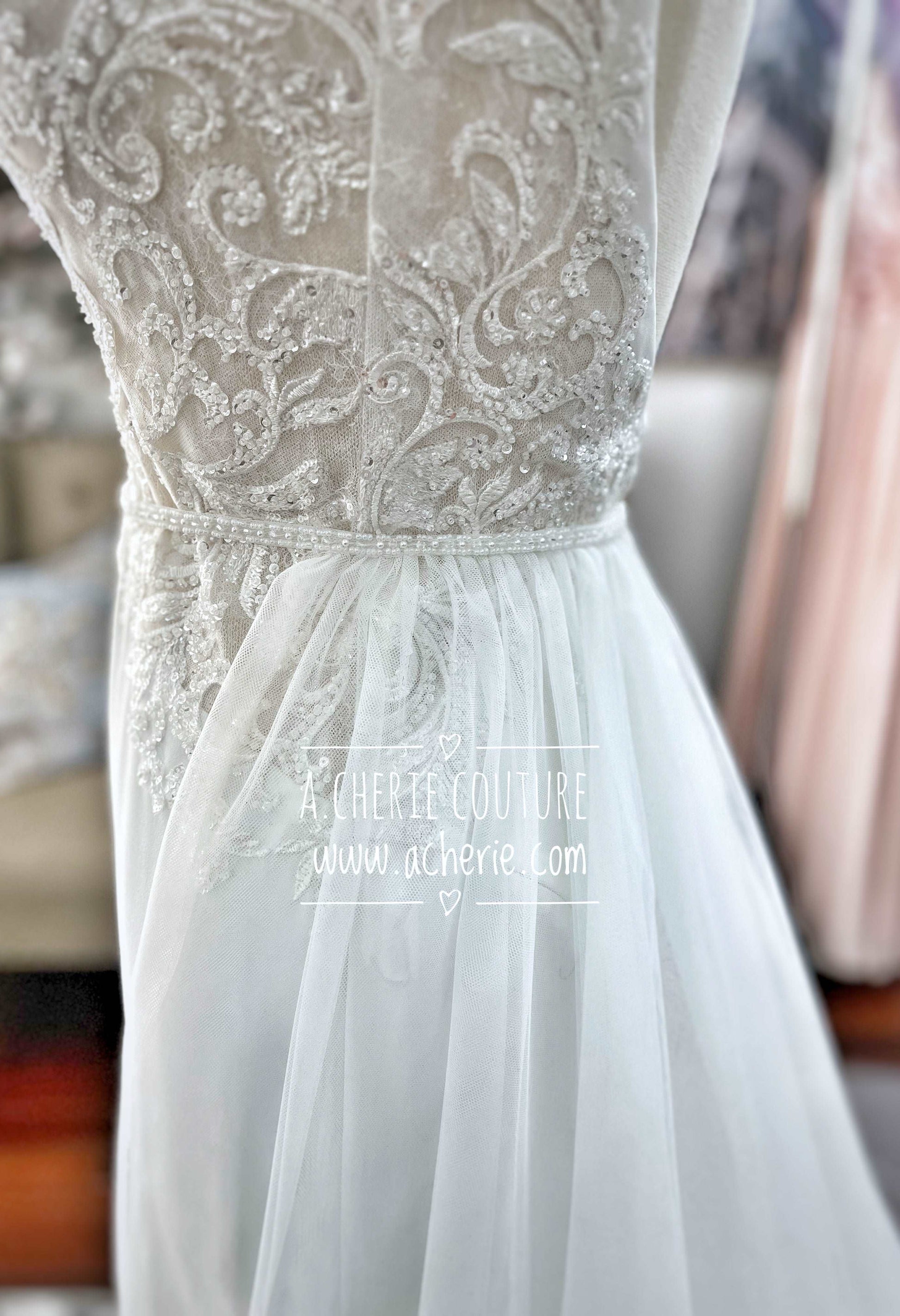 Made to Order Beaded Scroll Lace Fit & Flare Wedding Dress | Shop A.Cherie Made to Order Beaded Scroll Lace Fit & Flare Wedding Dress | Shop A.Cherie