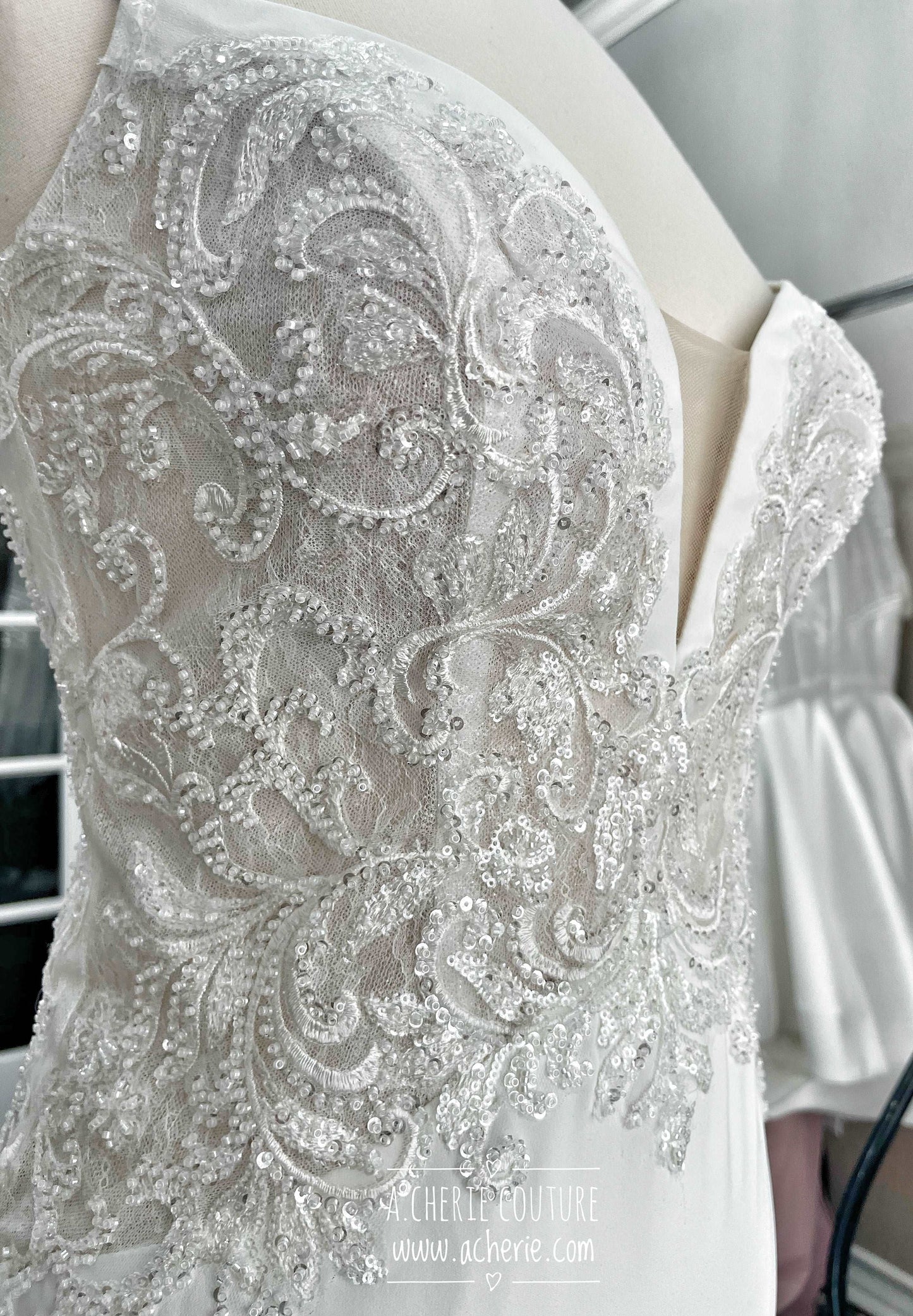 Beaded Low Back Crepe Fit & Flare Wedding Dress Alaina - A.Cherie Couture Shop