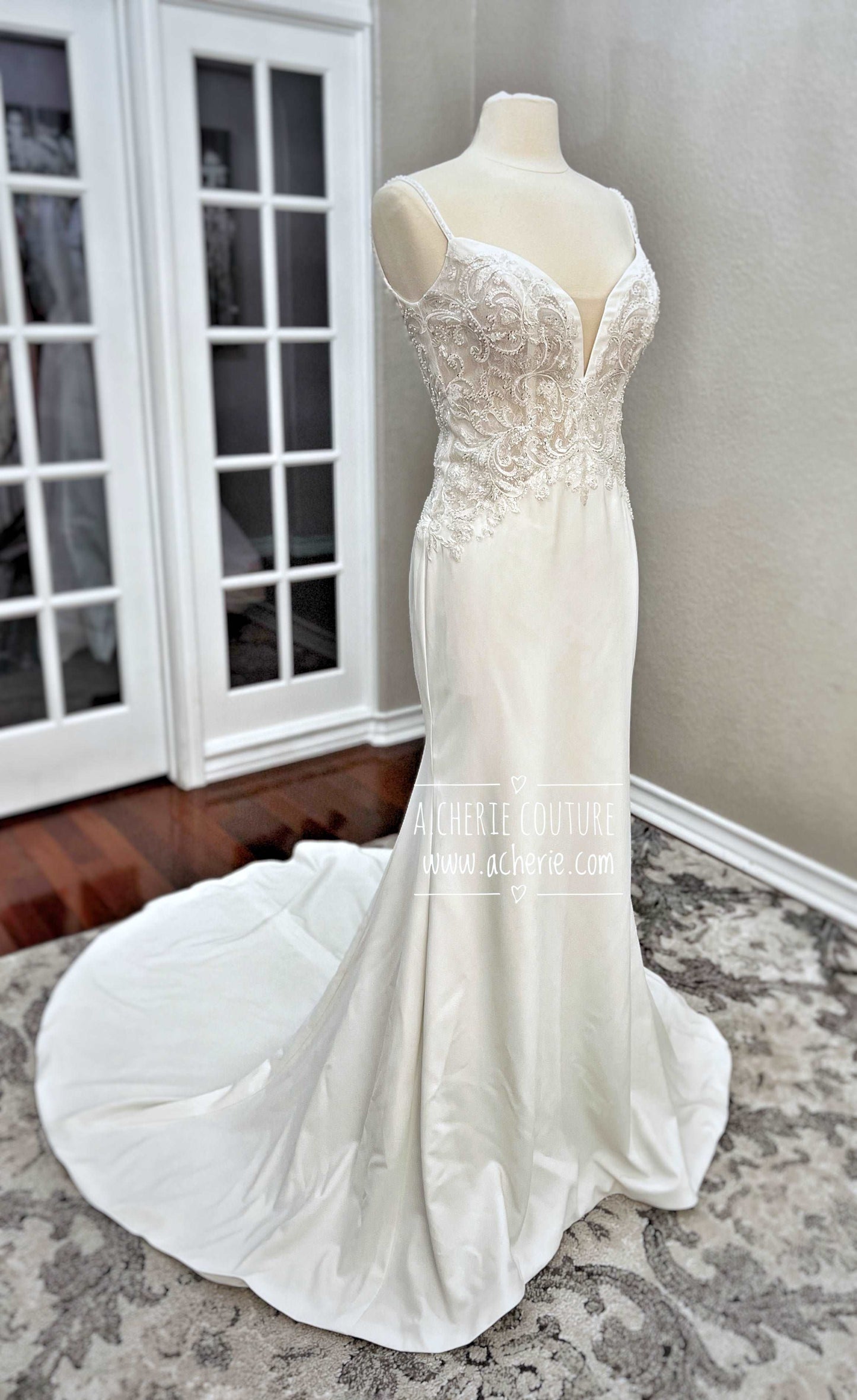 Beaded Low Back Crepe Fit & Flare Wedding Dress Alaina - A.Cherie Couture Shop