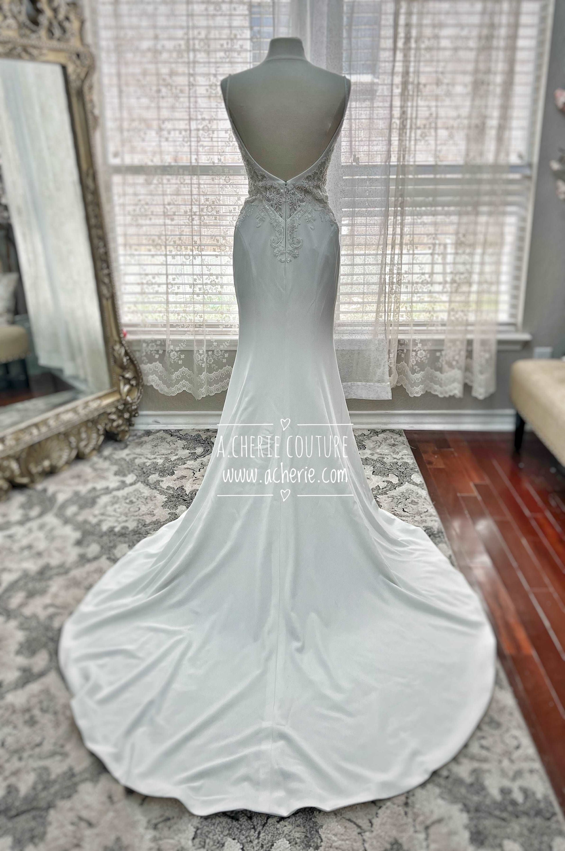 Made to Order Beaded Scroll Lace Fit & Flare Wedding Dress | Shop A.Cherie Light Ivory / US4 / Yes Overskirt +$200 Made to Order Beaded Scroll Lace Fit & Flare Wedding Dress | Shop A.Cherie Light Ivory / US4 / Yes Overskirt +$200