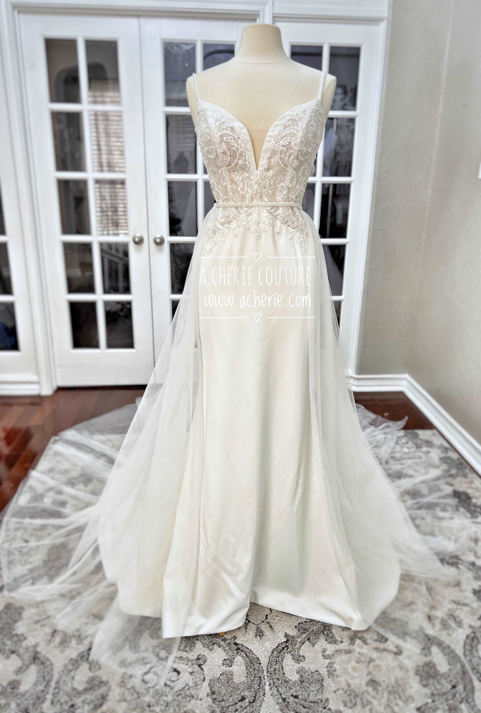 Beaded Low Back Crepe Fit & Flare Wedding Dress Alaina - A.Cherie Couture Shop