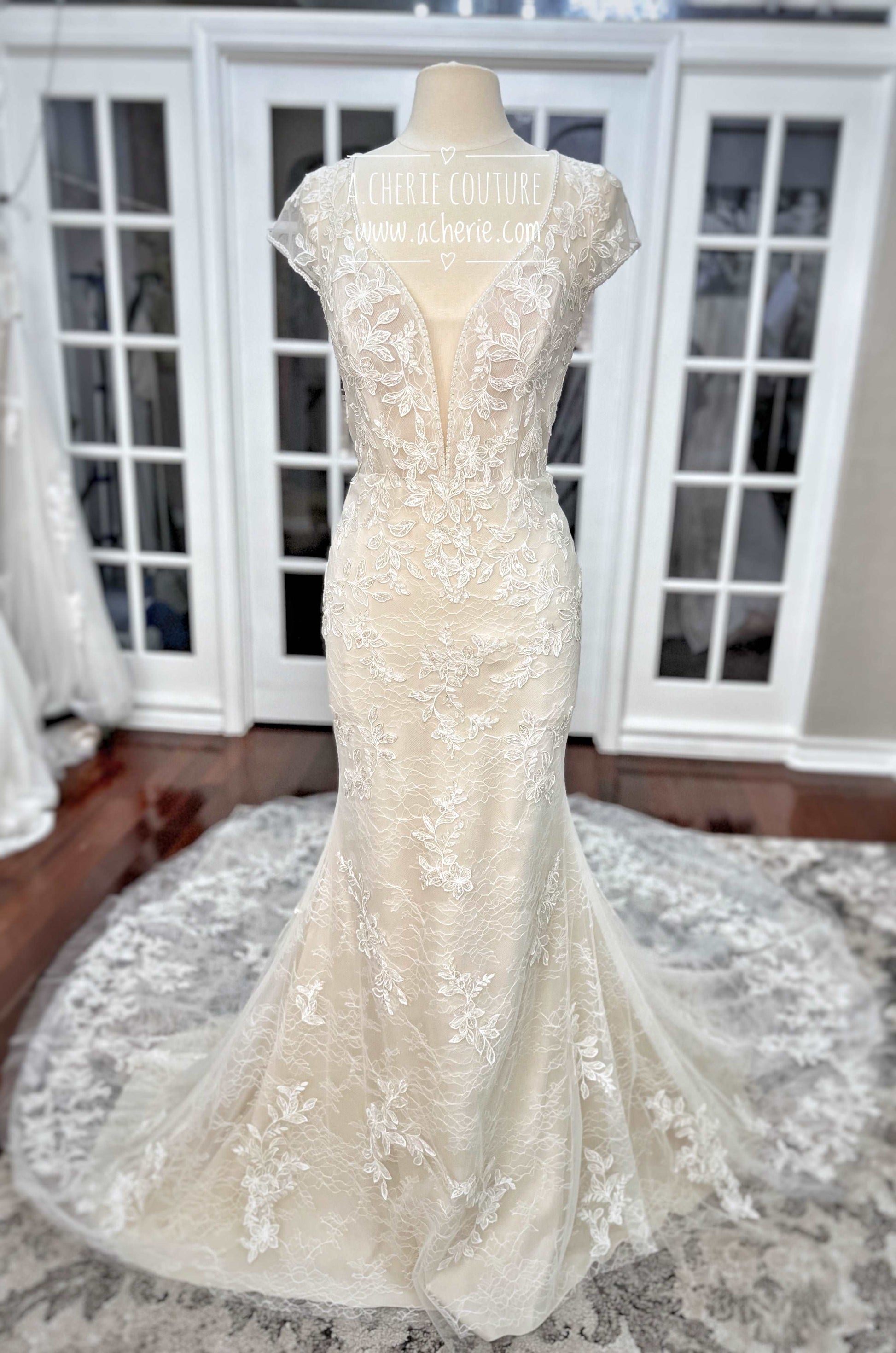 Made to Order Beaded Lace Fit & Flare Wedding Dress | Shop A.Cherie Light Ivory / US12 / Lined Bodice Made to Order Beaded Lace Fit & Flare Wedding Dress | Shop A.Cherie Light Ivory / US12 / Lined Bodice