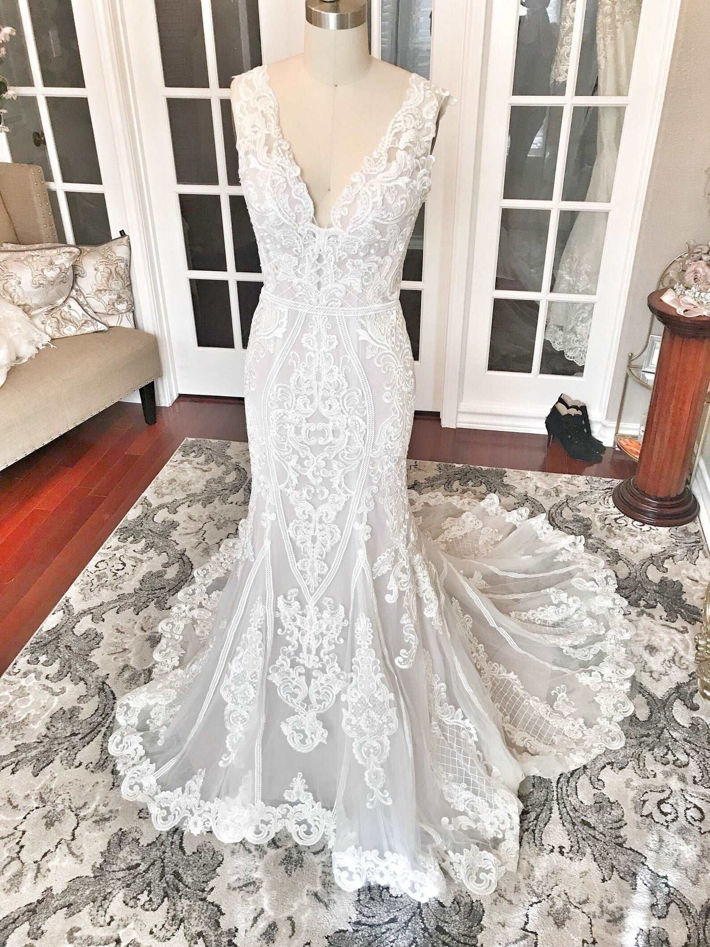 Beaded Scroll Lace Trumpet Wedding Dress Veronica - A.Cherie Couture Shop