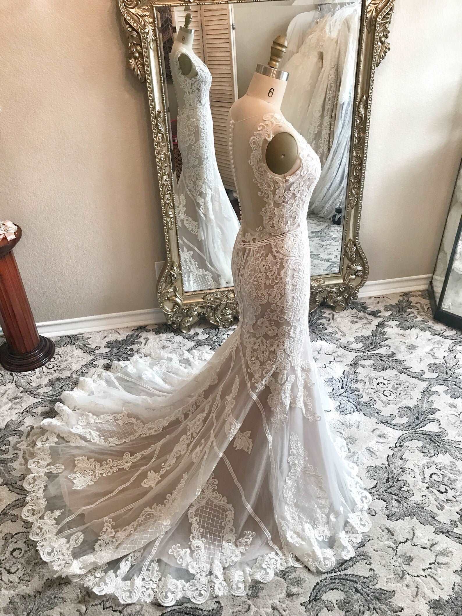Beaded Scroll Lace Trumpet Wedding Dress | Shop A.Cherie Light Ivory / US16 Beaded Scroll Lace Trumpet Wedding Dress | Shop A.Cherie Light Ivory / US16