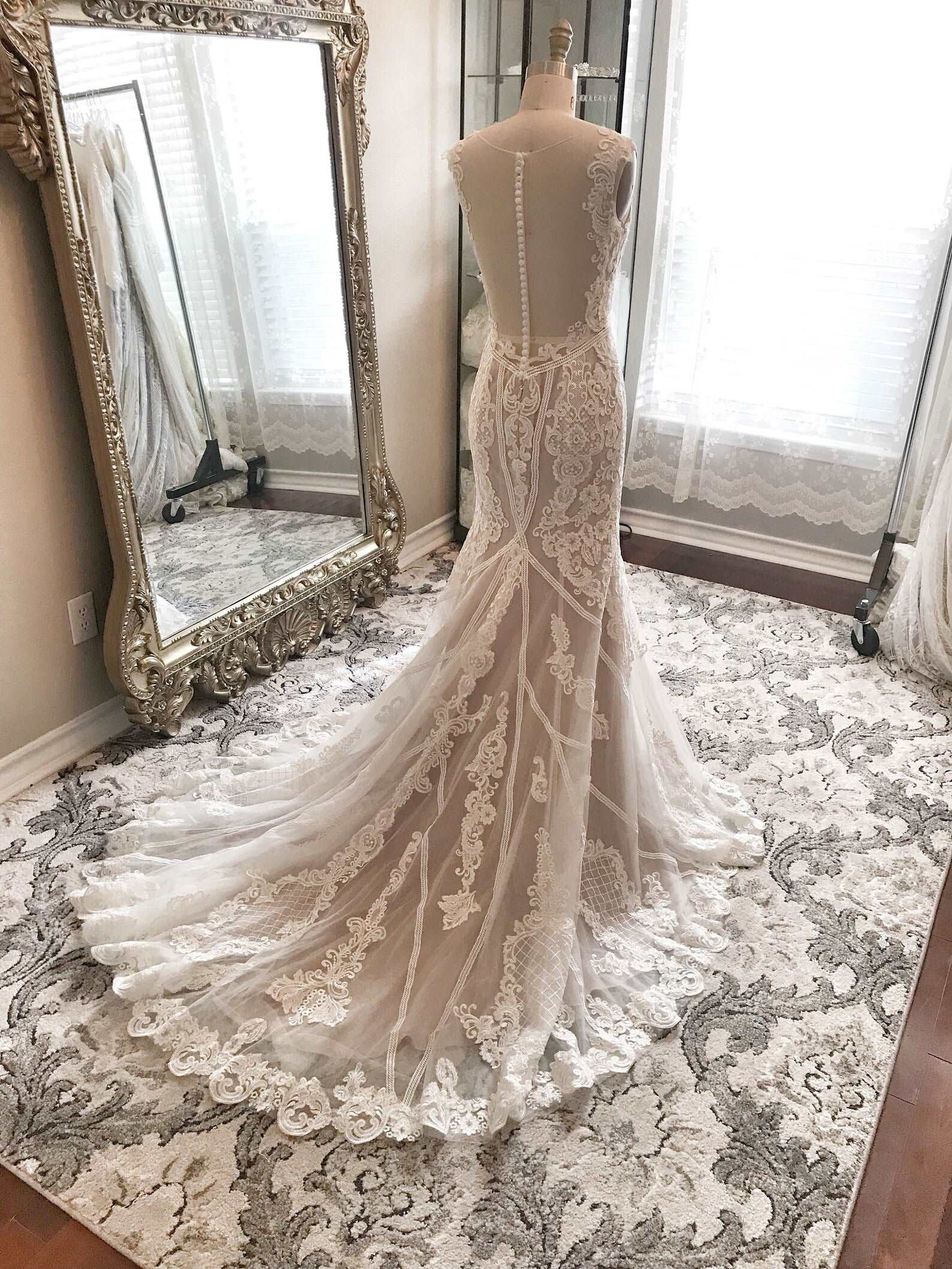 Beaded Scroll Lace Trumpet Wedding Dress | Shop A.Cherie Light Ivory / US16 Beaded Scroll Lace Trumpet Wedding Dress | Shop A.Cherie Light Ivory / US16