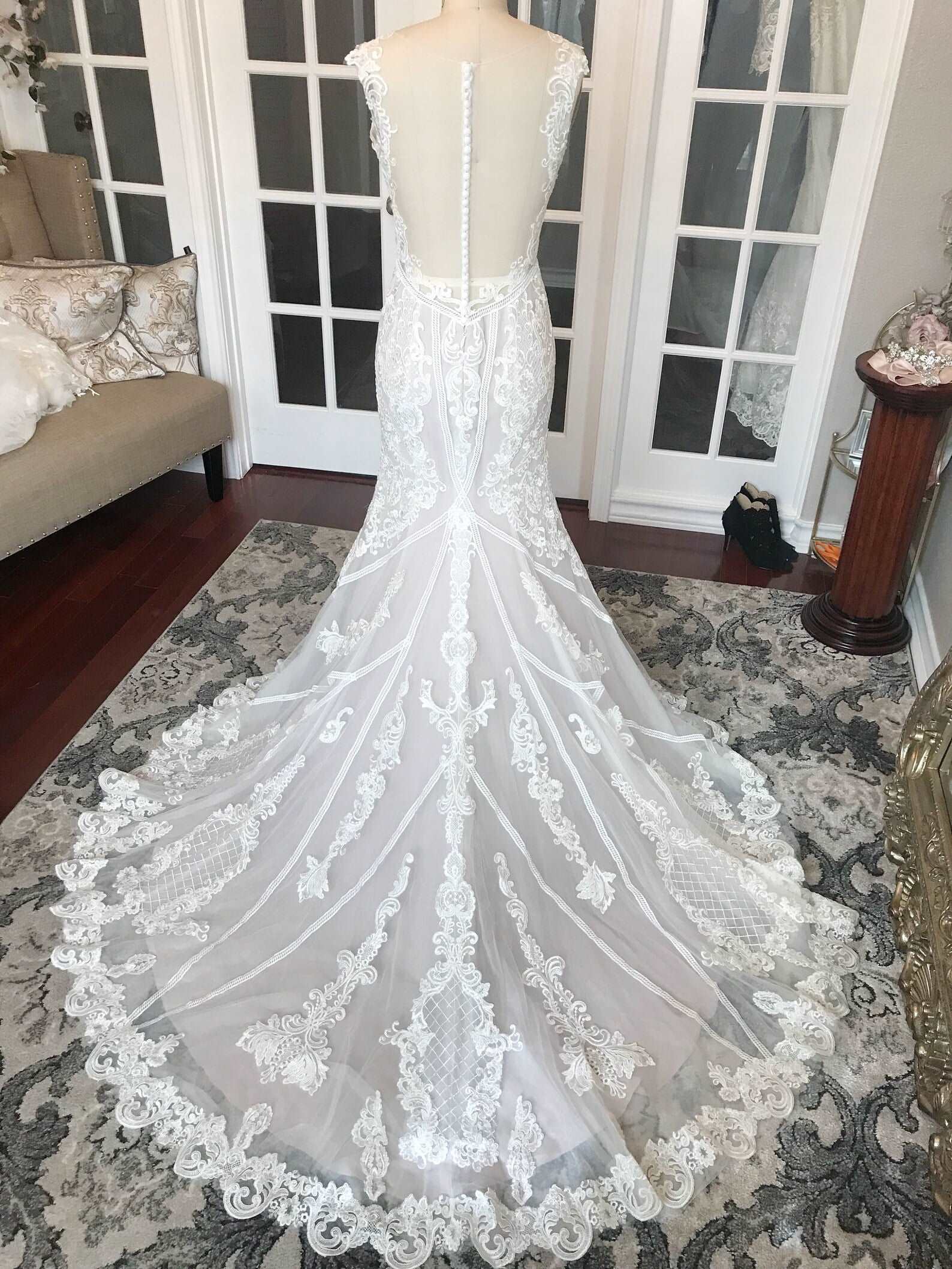 Beaded Scroll Lace Trumpet Wedding Dress | Shop A.Cherie Light Ivory / US16 Beaded Scroll Lace Trumpet Wedding Dress | Shop A.Cherie Light Ivory / US16