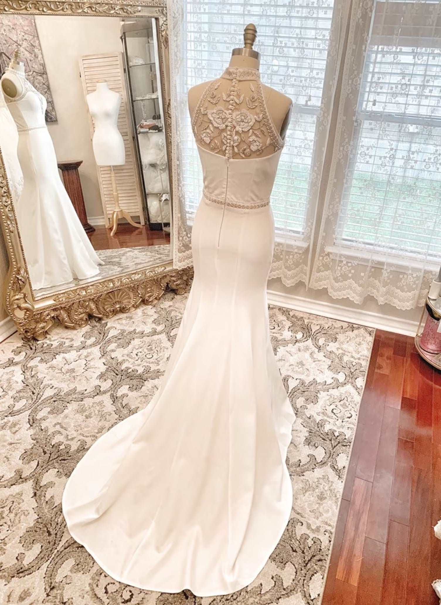 Made to Order Beaded Halter Fit & Flare Wedding Dress | Shop A.Cherie Light Ivory / Custom Size Made to Order Beaded Halter Fit & Flare Wedding Dress | Shop A.Cherie Light Ivory / Custom Size