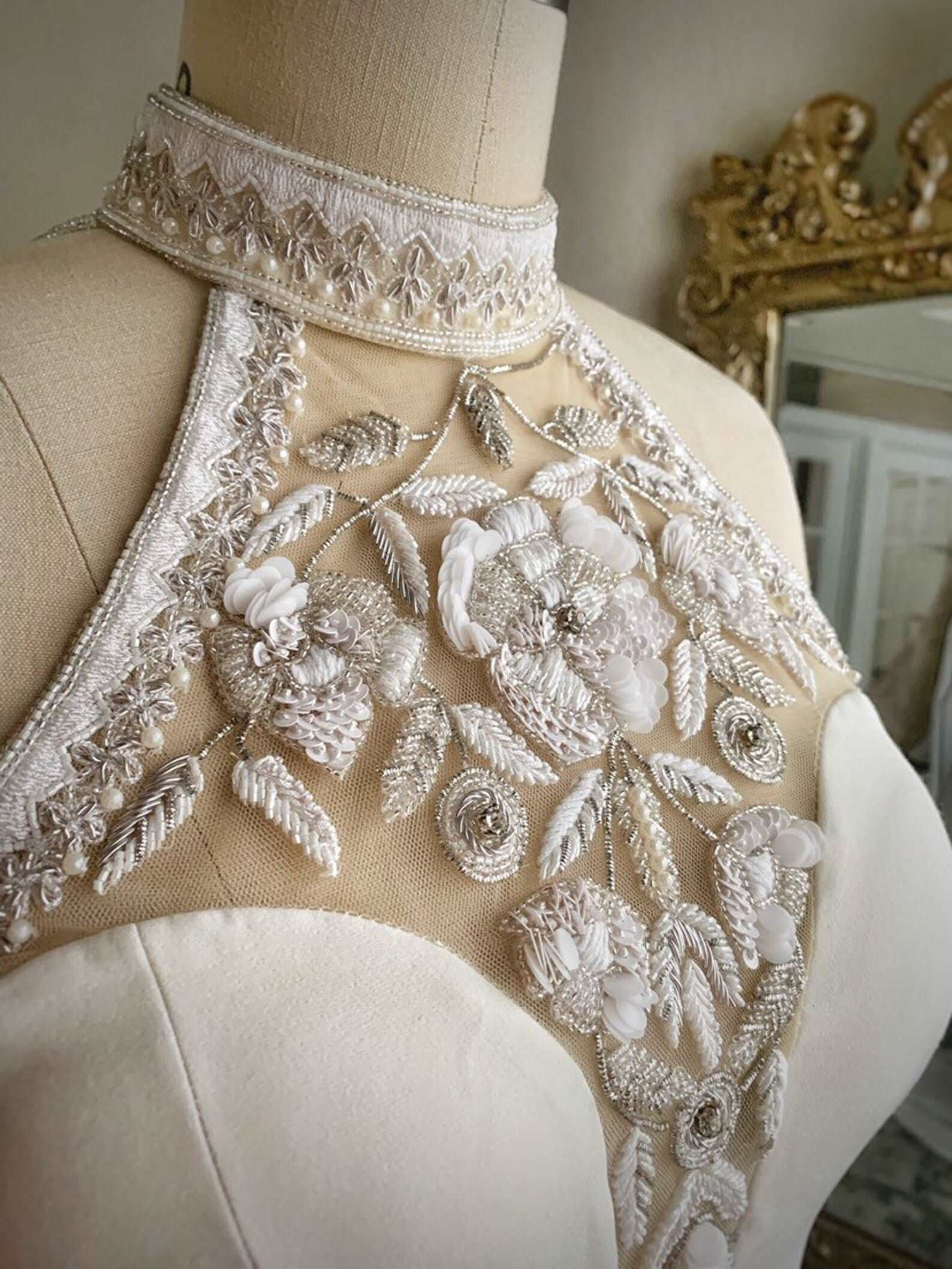 Made to Order Beaded Halter Fit & Flare Wedding Dress | Shop A.Cherie Light Ivory / Custom Size Made to Order Beaded Halter Fit & Flare Wedding Dress | Shop A.Cherie Light Ivory / Custom Size
