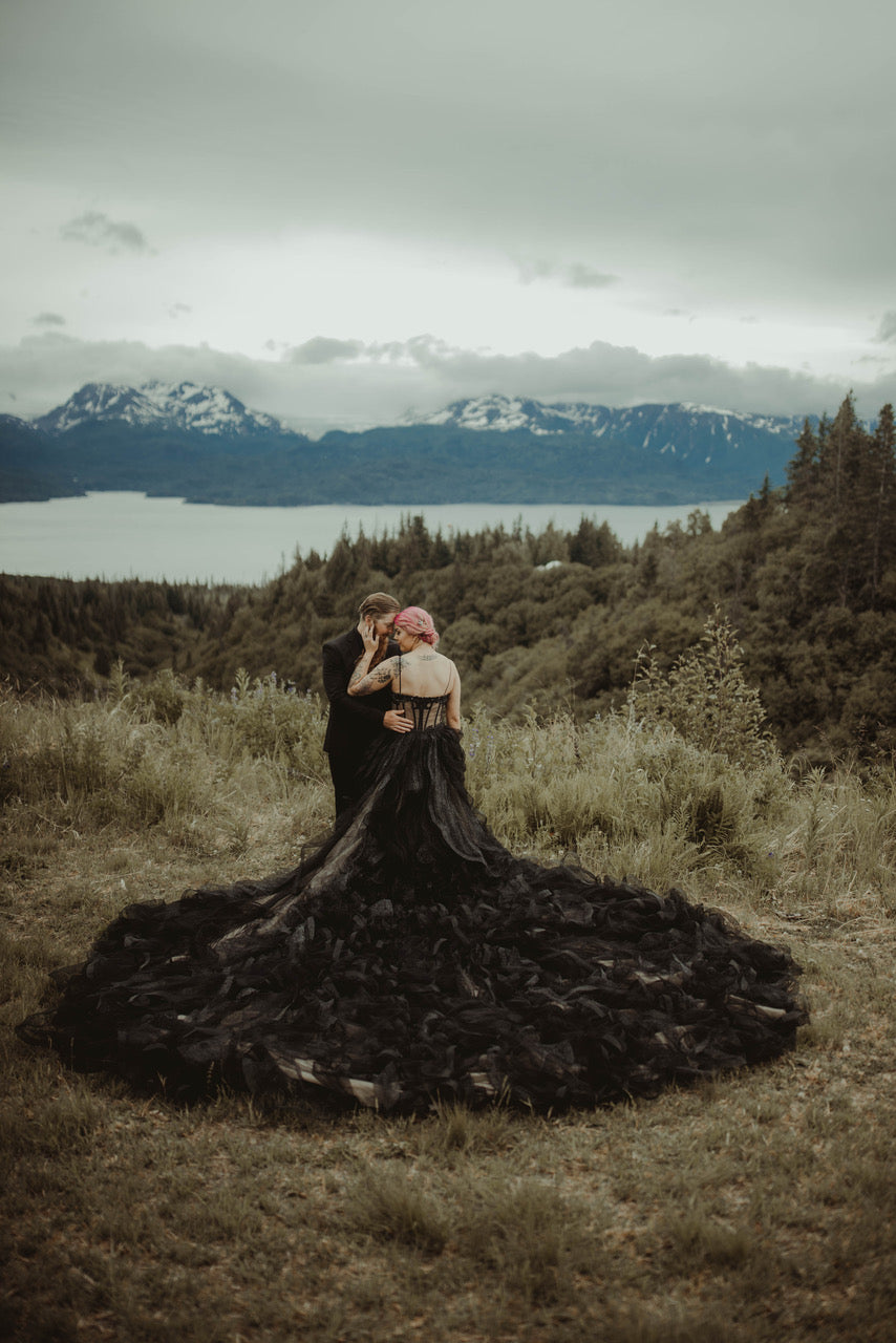 Made to order black wedding dress for a bride in Alaska
