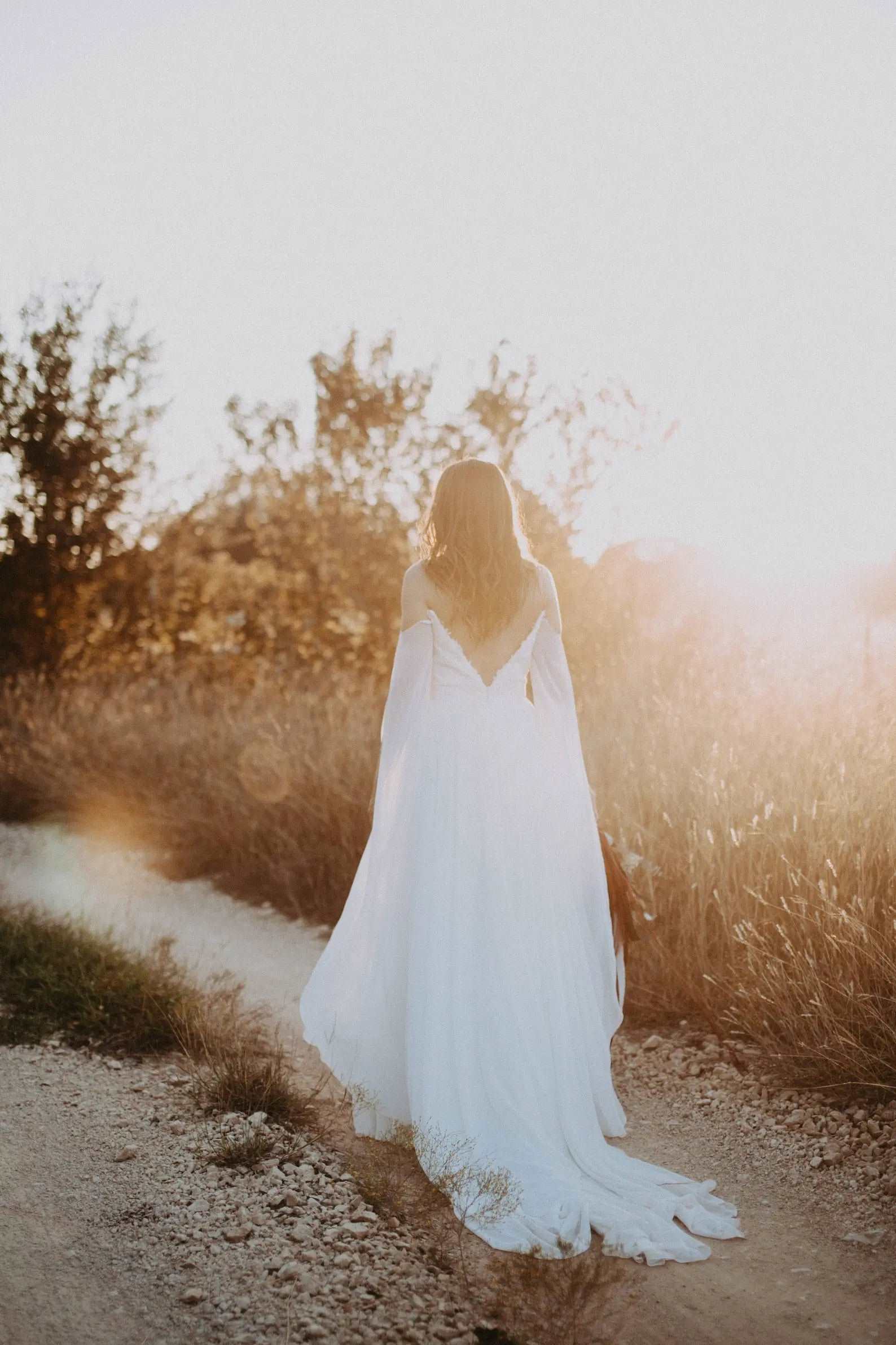 Boho Style Off Shoulder Chiffon Sheath Wedding Dress Meghan - A.Cherie Couture Shop