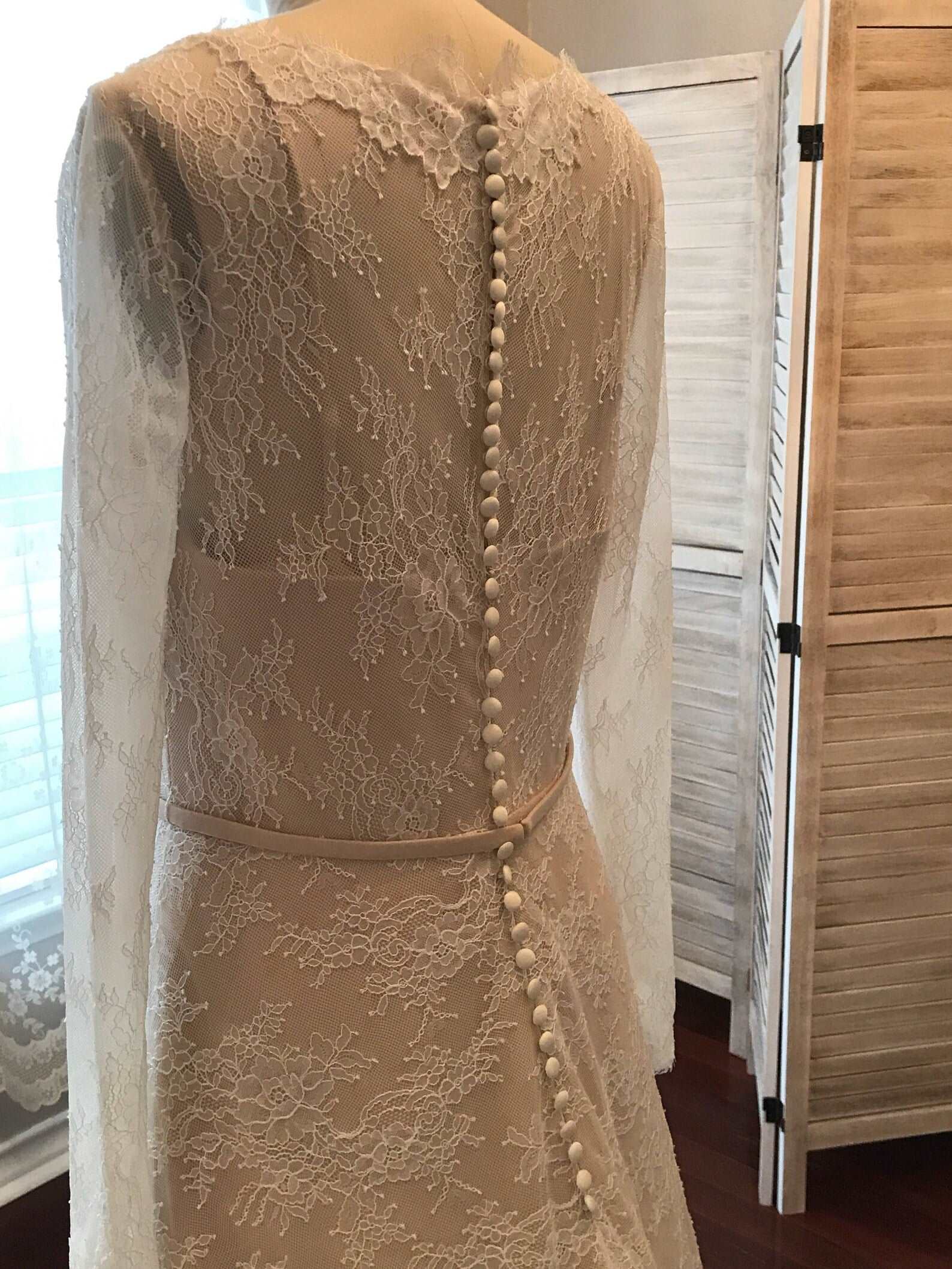 Made to Order Chantilly Lace Sheath Wedding Dress | Shop A.Cherie Light Ivory / US16 Made to Order Chantilly Lace Sheath Wedding Dress | Shop A.Cherie Light Ivory / US16