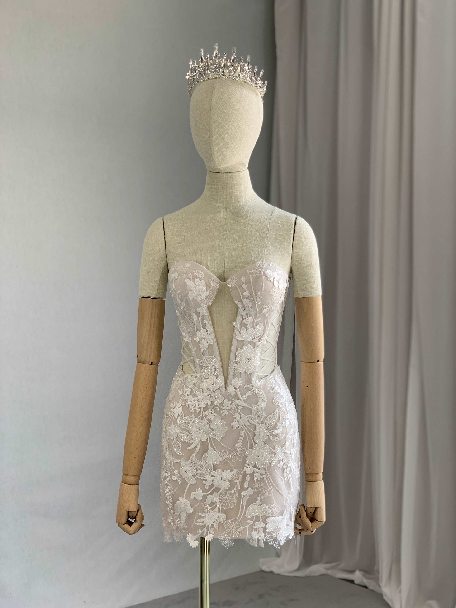 Crepe Short Fitted Evening Dress with Sequin Floral Lace | Shop A.Cherie Light Ivory / US 16 / Yes Overskirt + Crepe Short Fitted Evening Dress with Sequin Floral Lace | Shop A.Cherie Light Ivory / US 16 / Yes Overskirt +