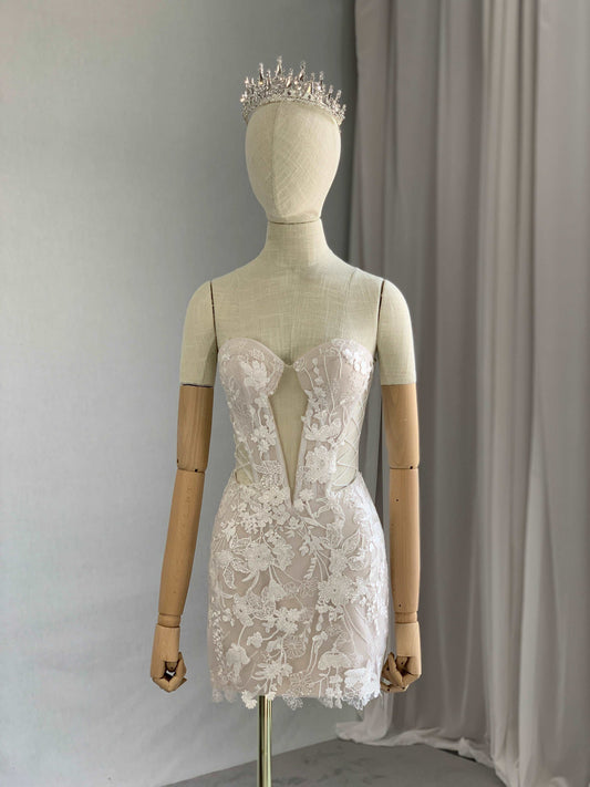 Crepe Short Fitted Evening Dress Jessica with Sequin Floral Lace- A.Cherie Couture Shop
