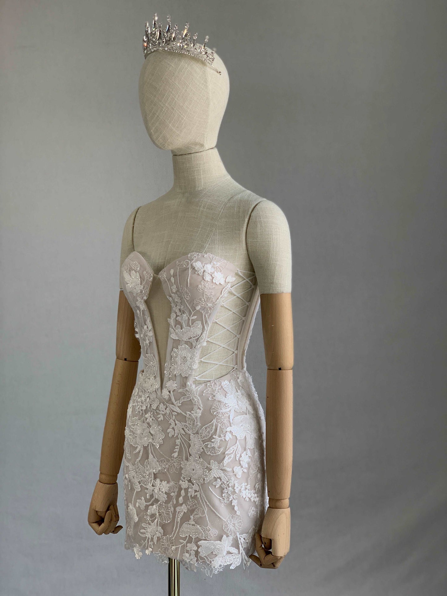 Crepe Short Fitted Evening Dress Jessica with Sequin Floral Lace - A.Cherie Couture Shop
