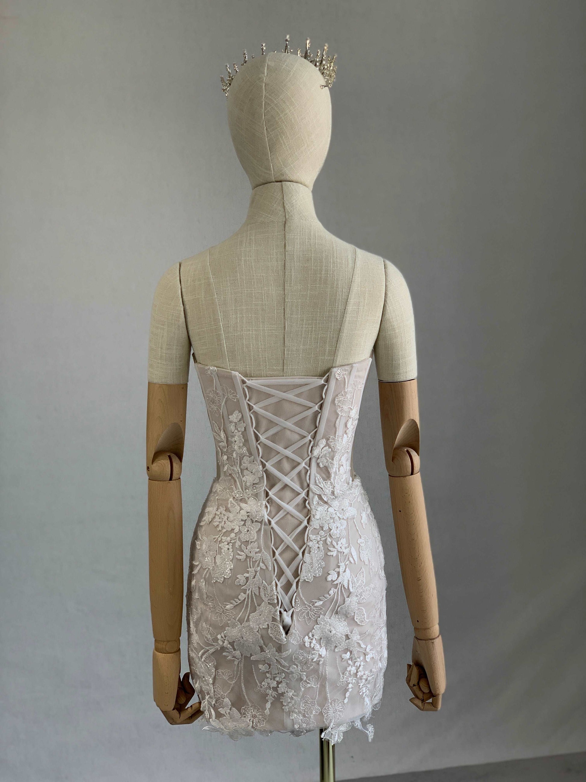 Crepe Short Fitted Evening Dress with Sequin Floral Lace | Shop A.Cherie Light Ivory / US 18 / Yes Overskirt + Crepe Short Fitted Evening Dress with Sequin Floral Lace | Shop A.Cherie Light Ivory / US 18 / Yes Overskirt +