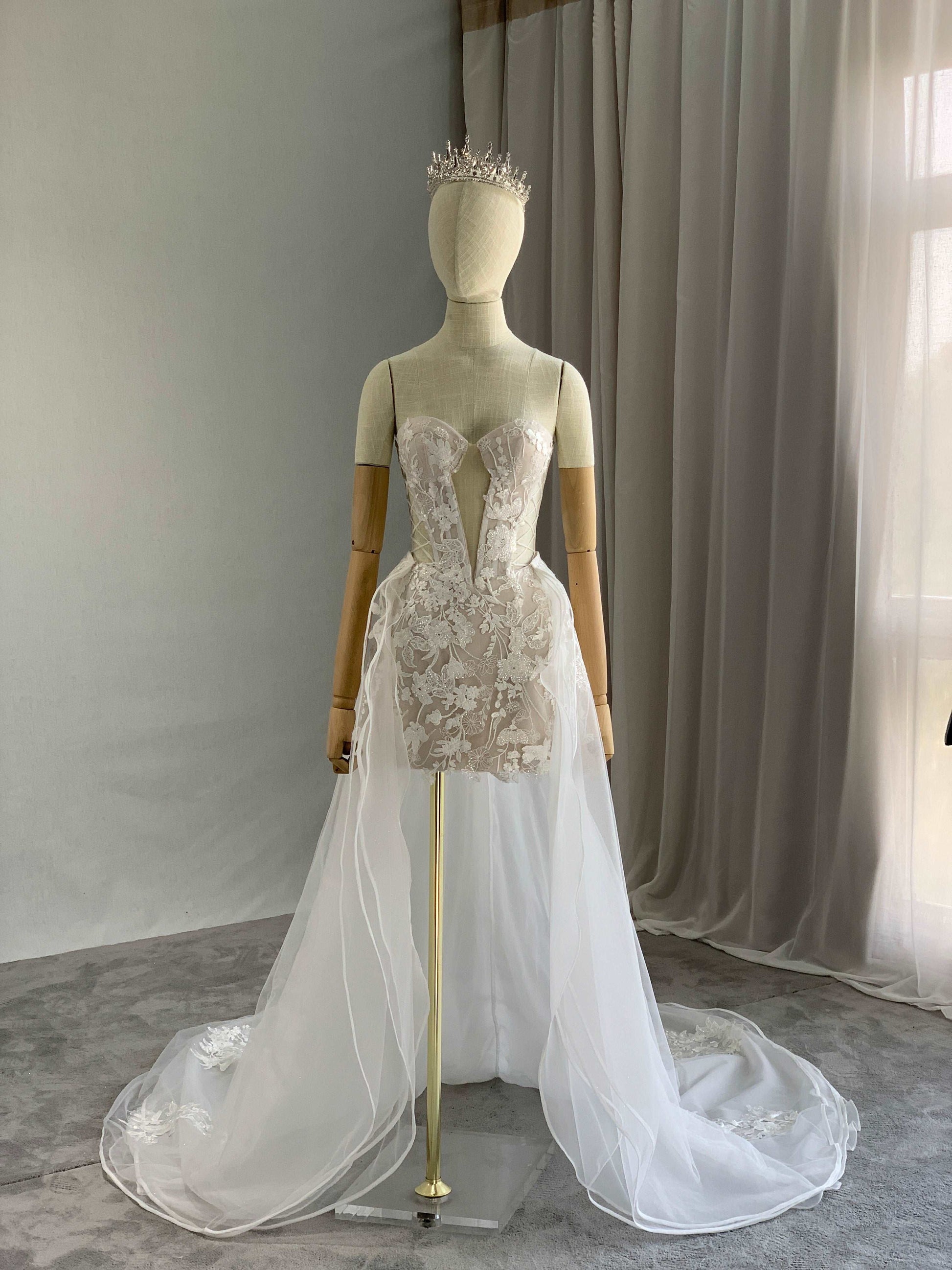 Crepe Short Fitted Evening Dress with Sequin Floral Lace | Shop A.Cherie Light Ivory / US 16 / Yes Overskirt + Crepe Short Fitted Evening Dress with Sequin Floral Lace | Shop A.Cherie Light Ivory / US 16 / Yes Overskirt +
