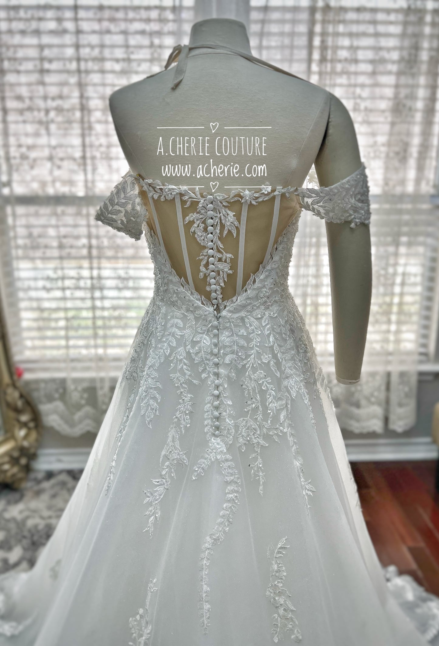 Sheer Back Off Shoulder Glitter & Beaded A-Line Wedding Dress Lily - A.Cherie Couture Shop