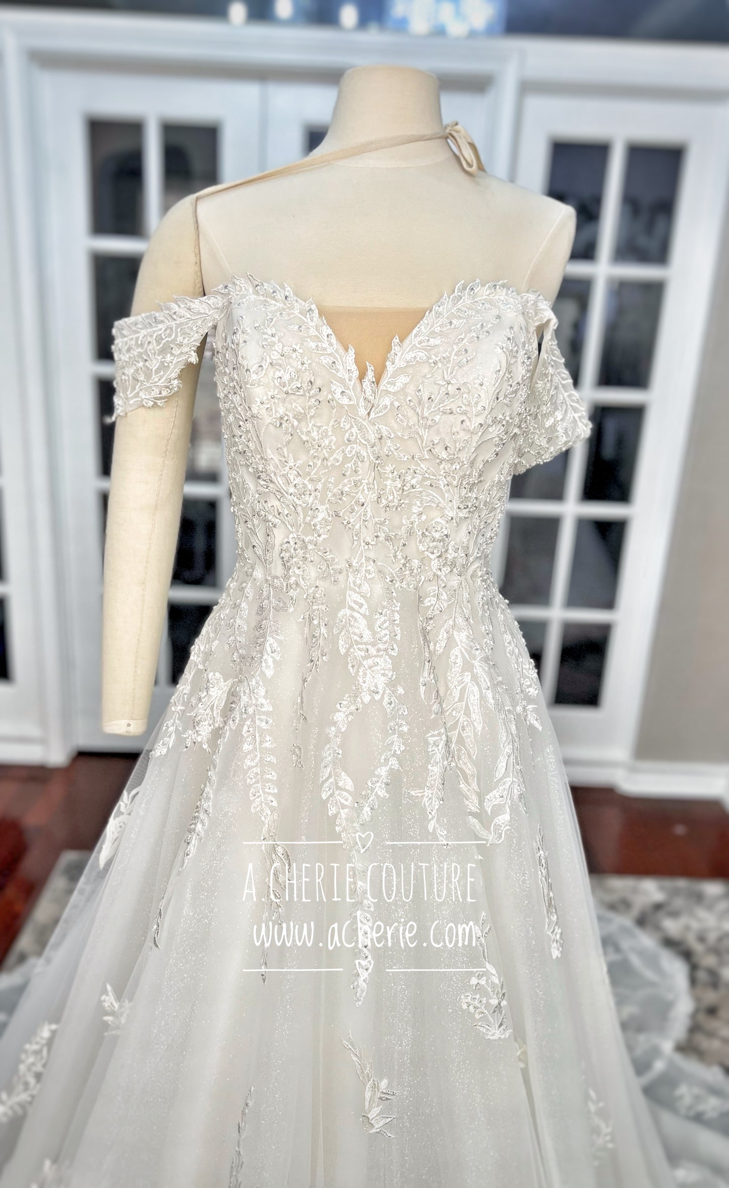 Sheer Back Off Shoulder Glitter & Beaded A-Line Wedding Dress Lily - A.Cherie Couture Shop