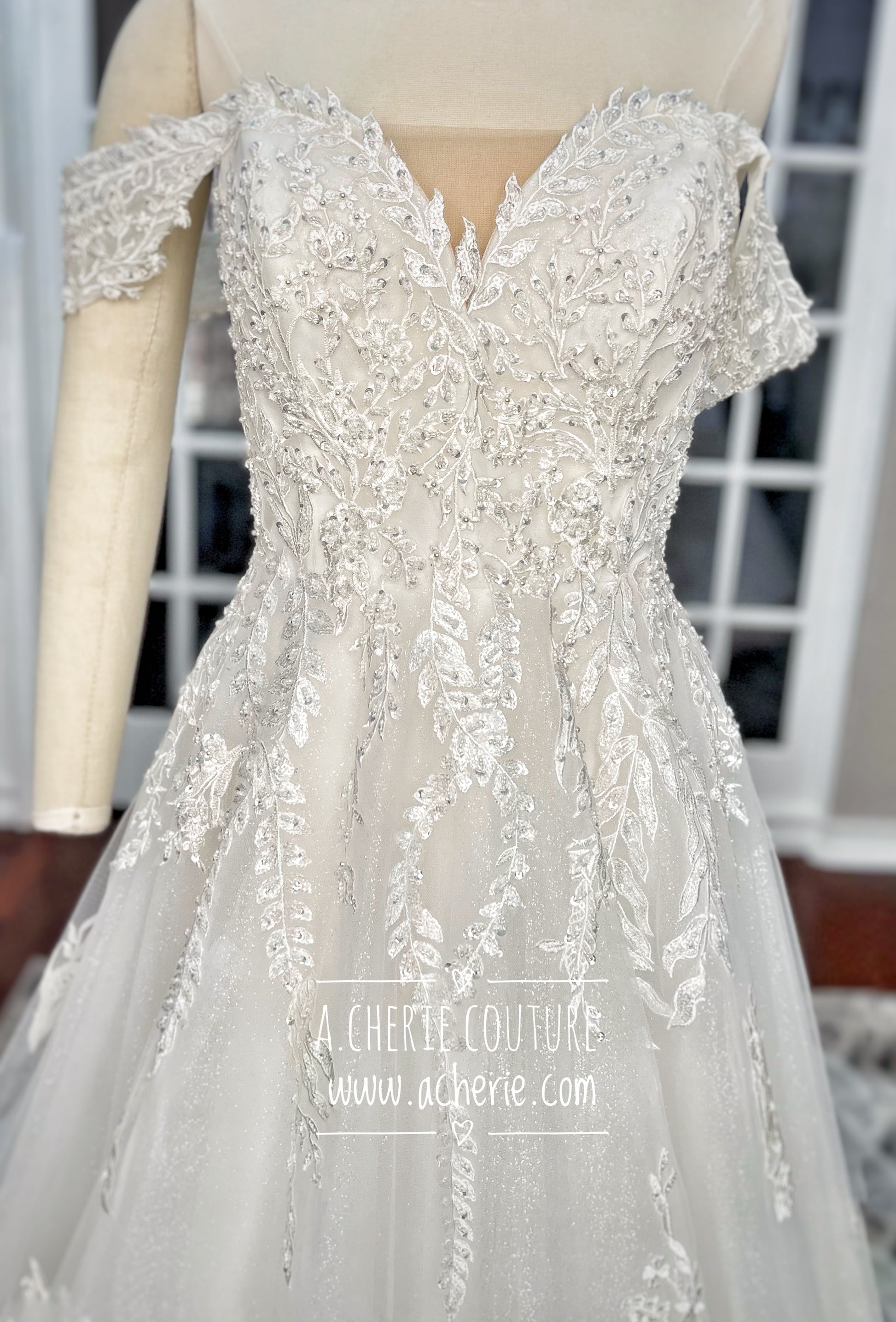 Sheer Back Off Shoulder Glitter & Beaded A-Line Wedding Dress Lily - A.Cherie Couture Shop