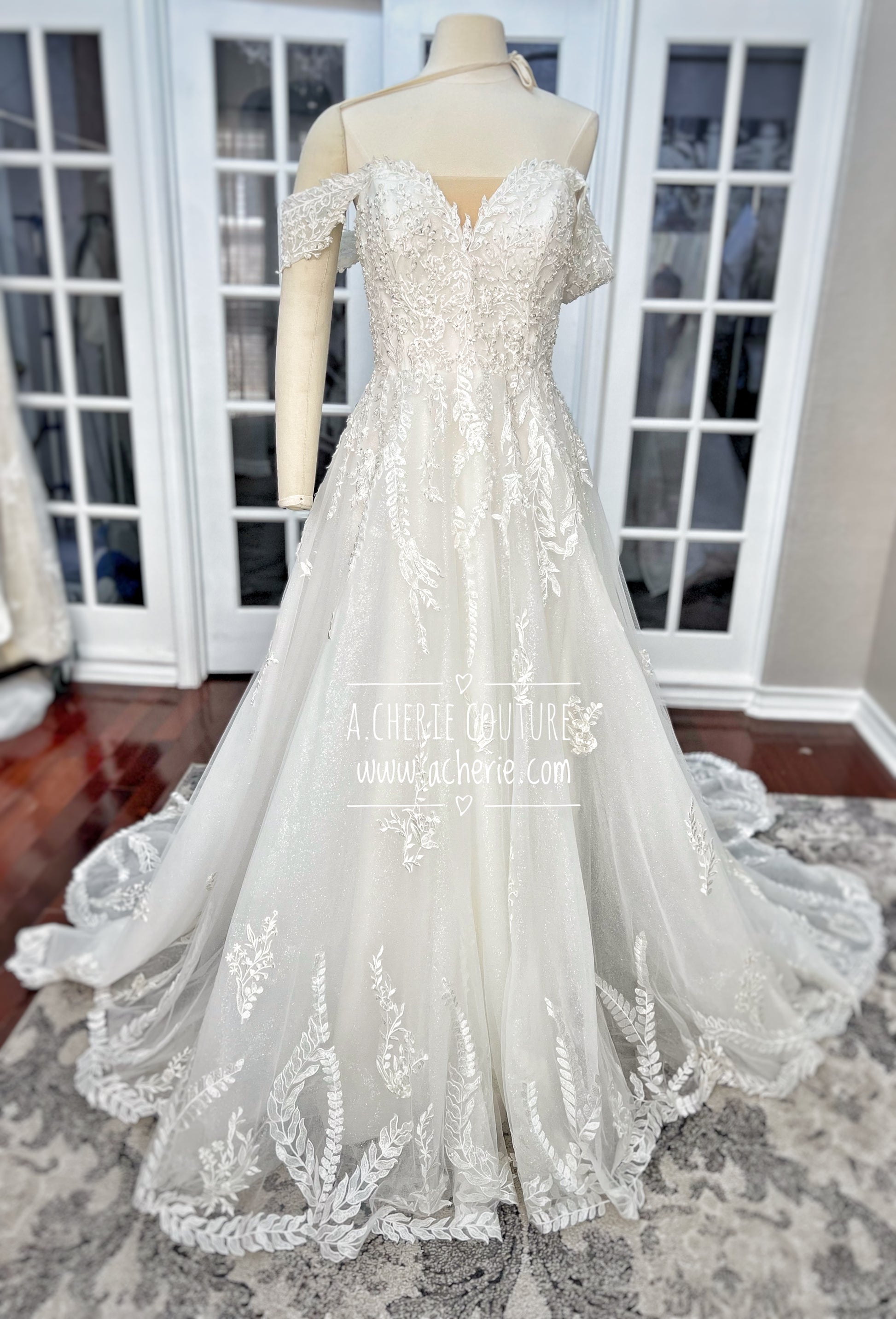 Off Shoulder Beaded Lace A-Line Wedding Dress | Shop A.Cherie Light Ivory / Custom Size Off Shoulder Beaded Lace A-Line Wedding Dress | Shop A.Cherie Light Ivory / Custom Size