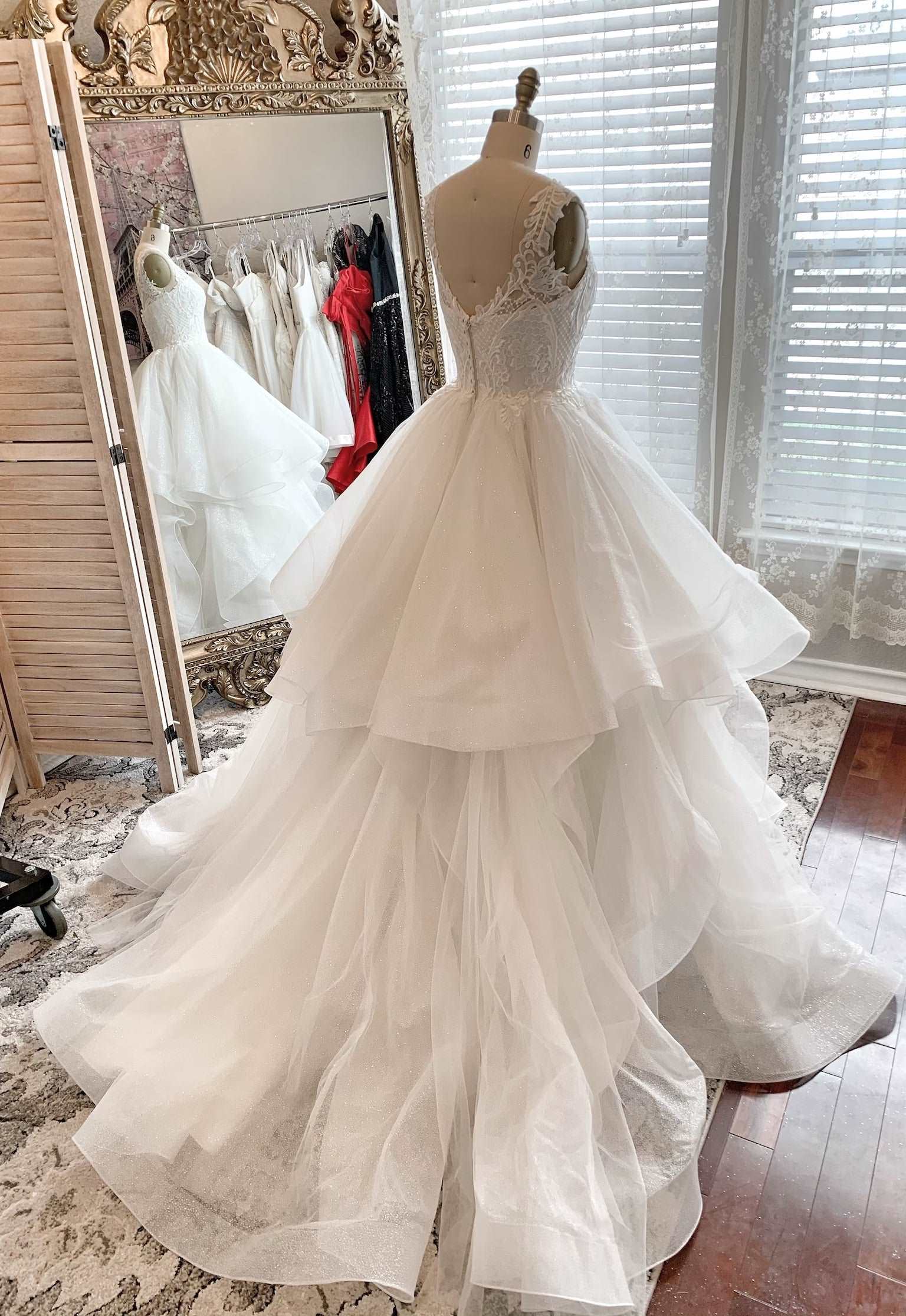 Glitter Tulle Tiered Full A-Line Wedding Dress | Shop A.Cherie Light Ivory / US22 Glitter Tulle Tiered Full A-Line Wedding Dress | Shop A.Cherie Light Ivory / US22