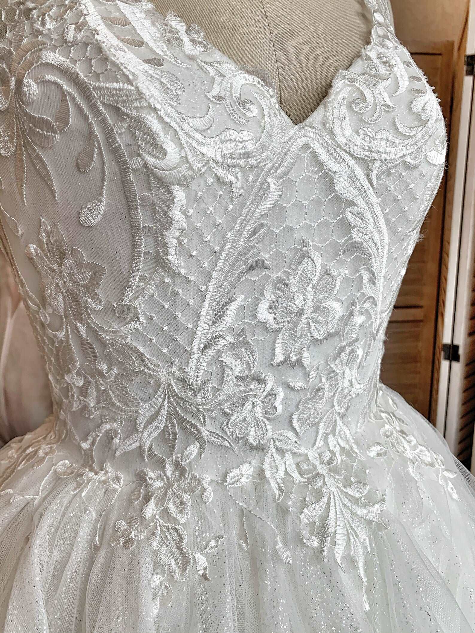 Glitter Tulle Tiered Full A-Line Wedding Dress | Shop A.Cherie Light Ivory / US22 Glitter Tulle Tiered Full A-Line Wedding Dress | Shop A.Cherie Light Ivory / US22