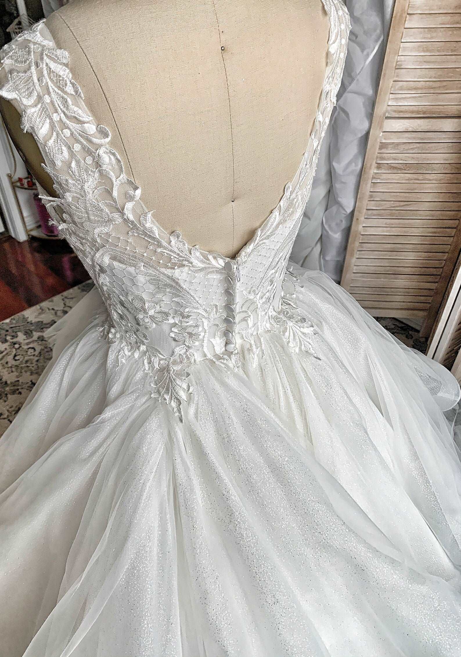 Glitter Tulle Tiered Full A-Line Wedding Dress | Shop A.Cherie Light Ivory / US22 Glitter Tulle Tiered Full A-Line Wedding Dress | Shop A.Cherie Light Ivory / US22