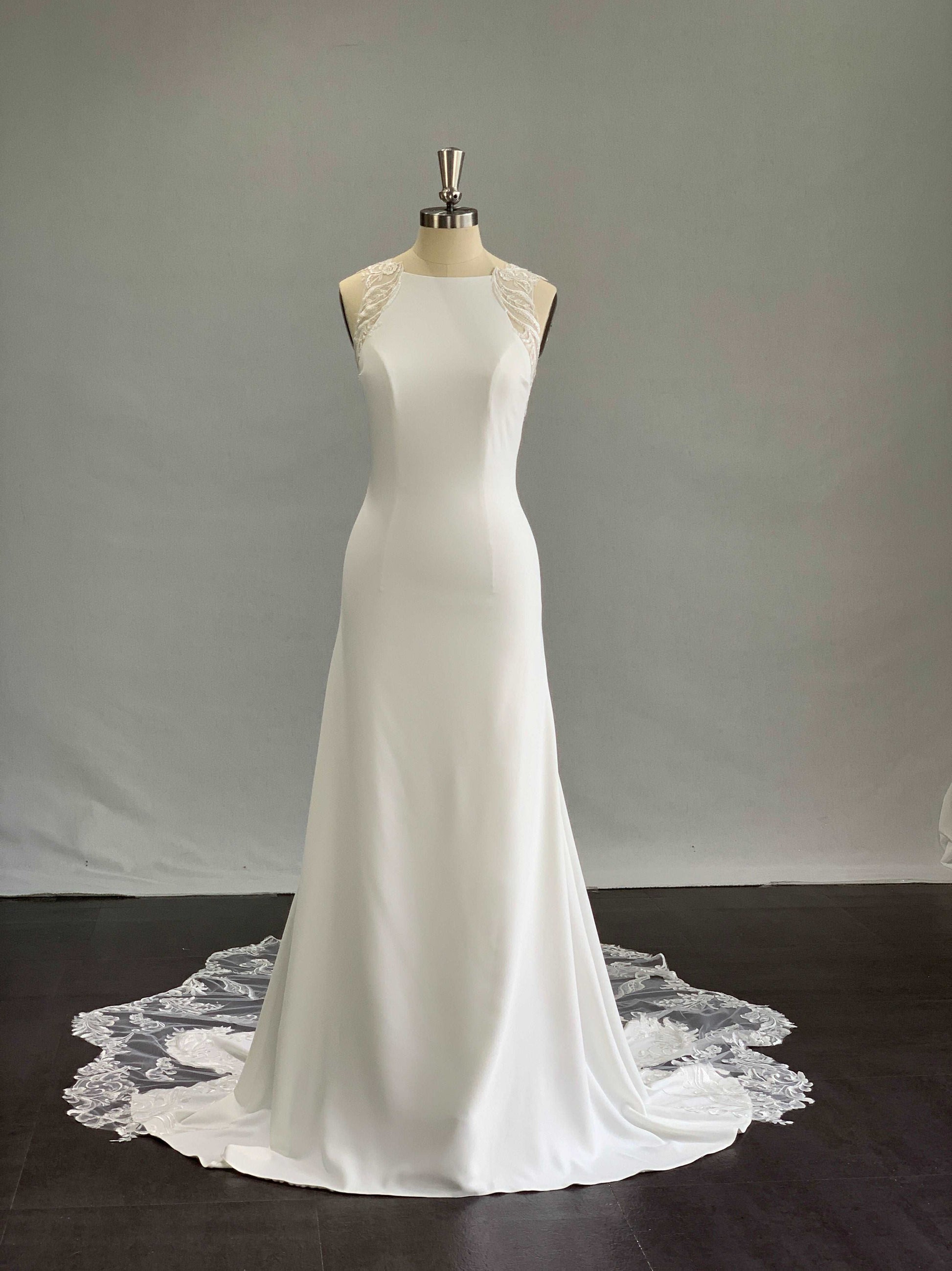 Halter Illusion Lace & Crepe Sheath Wedding Dress | Shop A.Cherie Custom / US 16 Halter Illusion Lace & Crepe Sheath Wedding Dress | Shop A.Cherie Custom / US 16