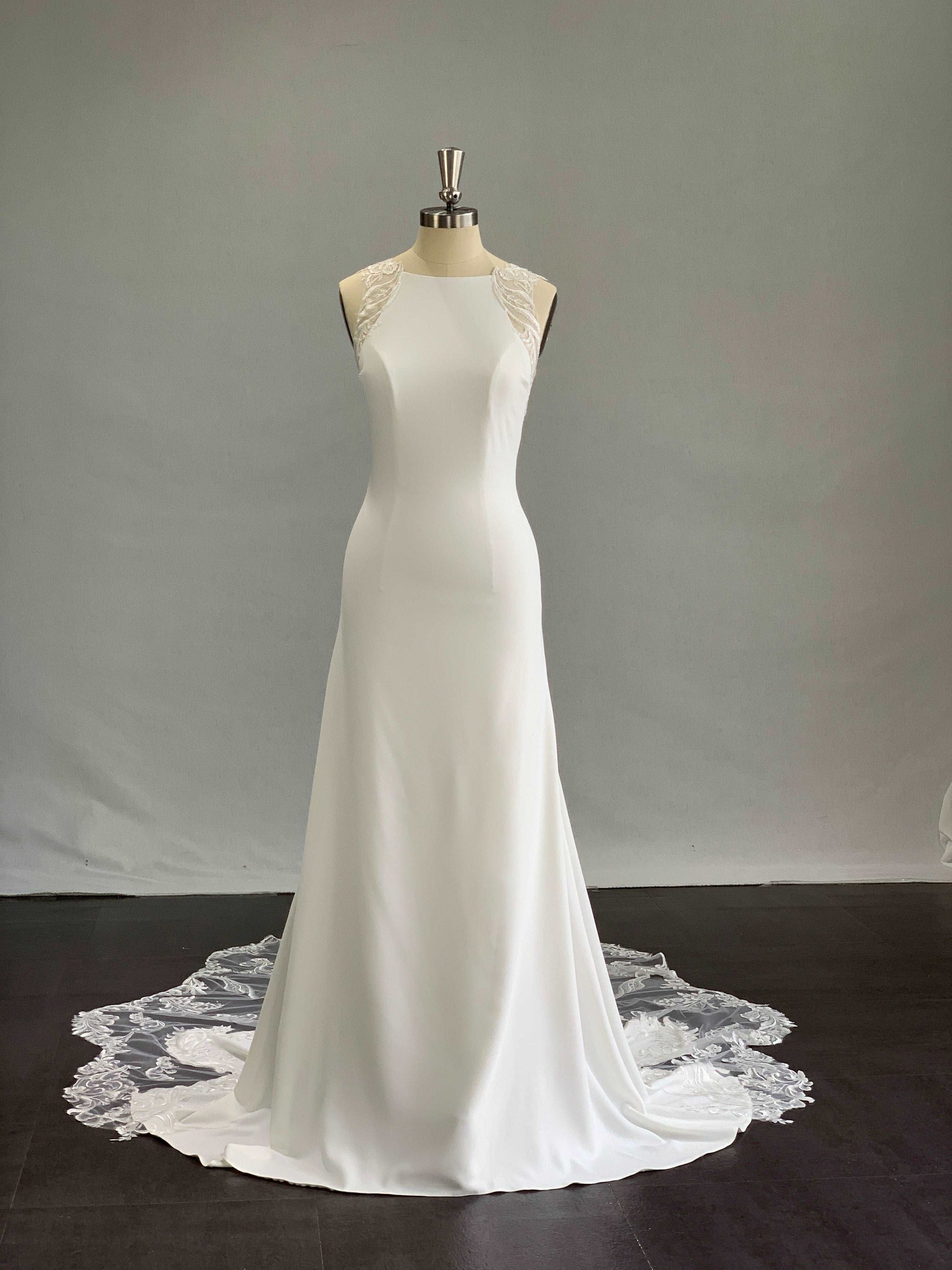 Halter Illusion Crepe Sheath Wedding Dress Laura with Lace Train