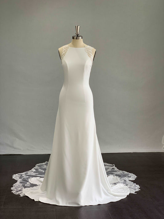 Halter Illusion Crepe Sheath Wedding Dress Laura with Lace Train