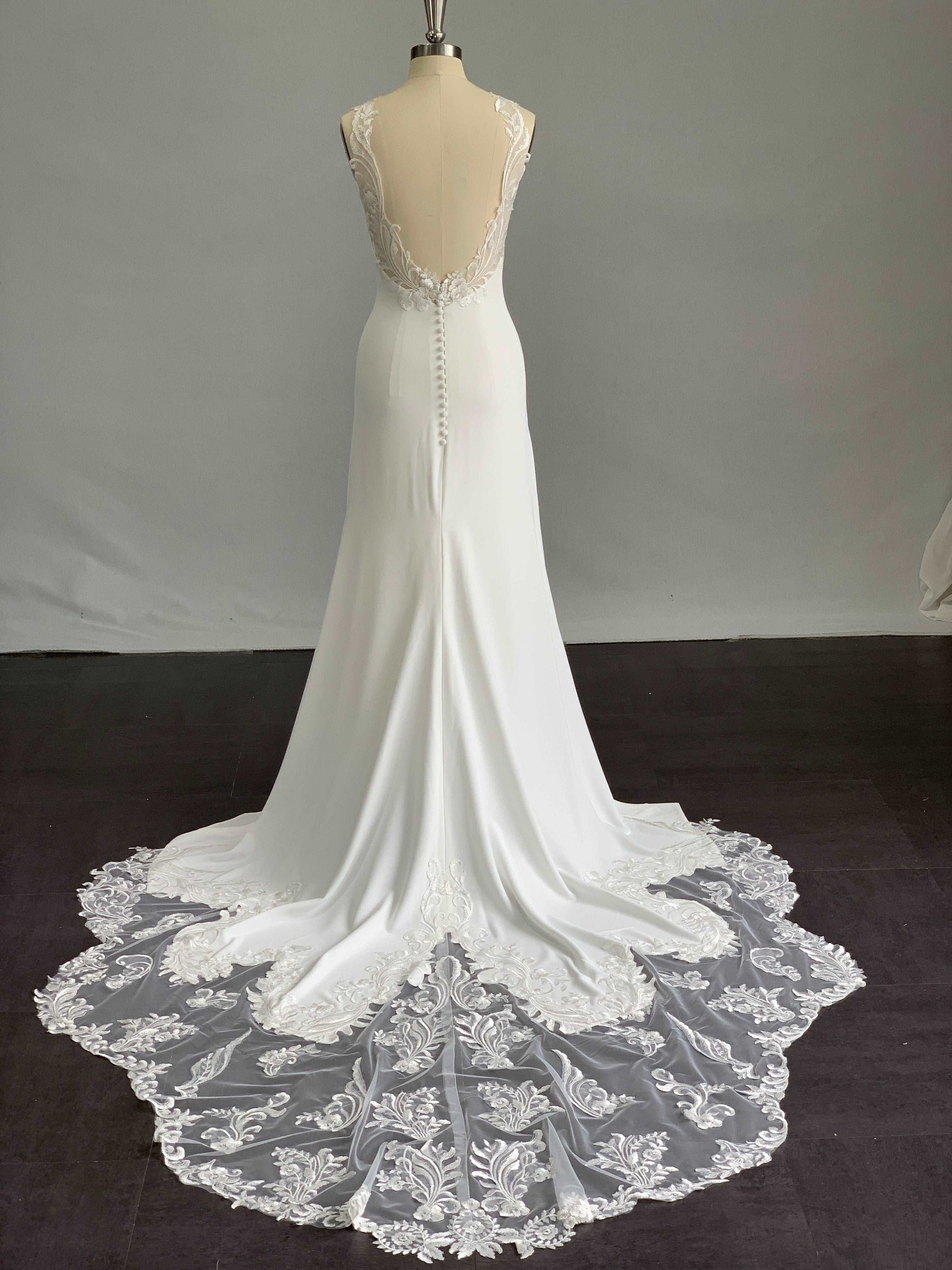 Halter Illusion Lace & Crepe Sheath Wedding Dress | Shop A.Cherie Custom / US 16 Halter Illusion Lace & Crepe Sheath Wedding Dress | Shop A.Cherie Custom / US 16
