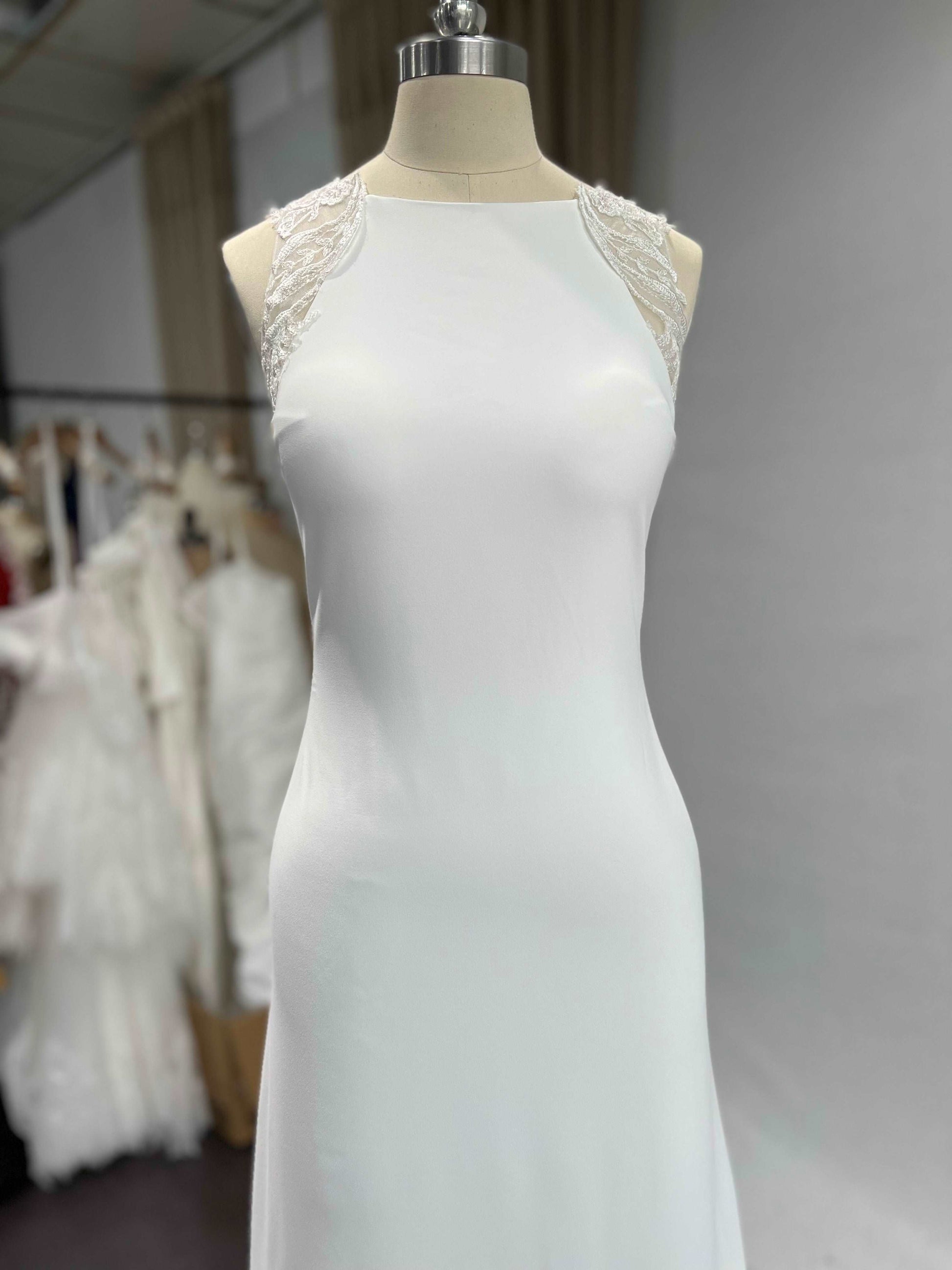 Halter Illusion Lace & Crepe Sheath Wedding Dress | Shop A.Cherie Custom / US 14 Halter Illusion Lace & Crepe Sheath Wedding Dress | Shop A.Cherie Custom / US 14