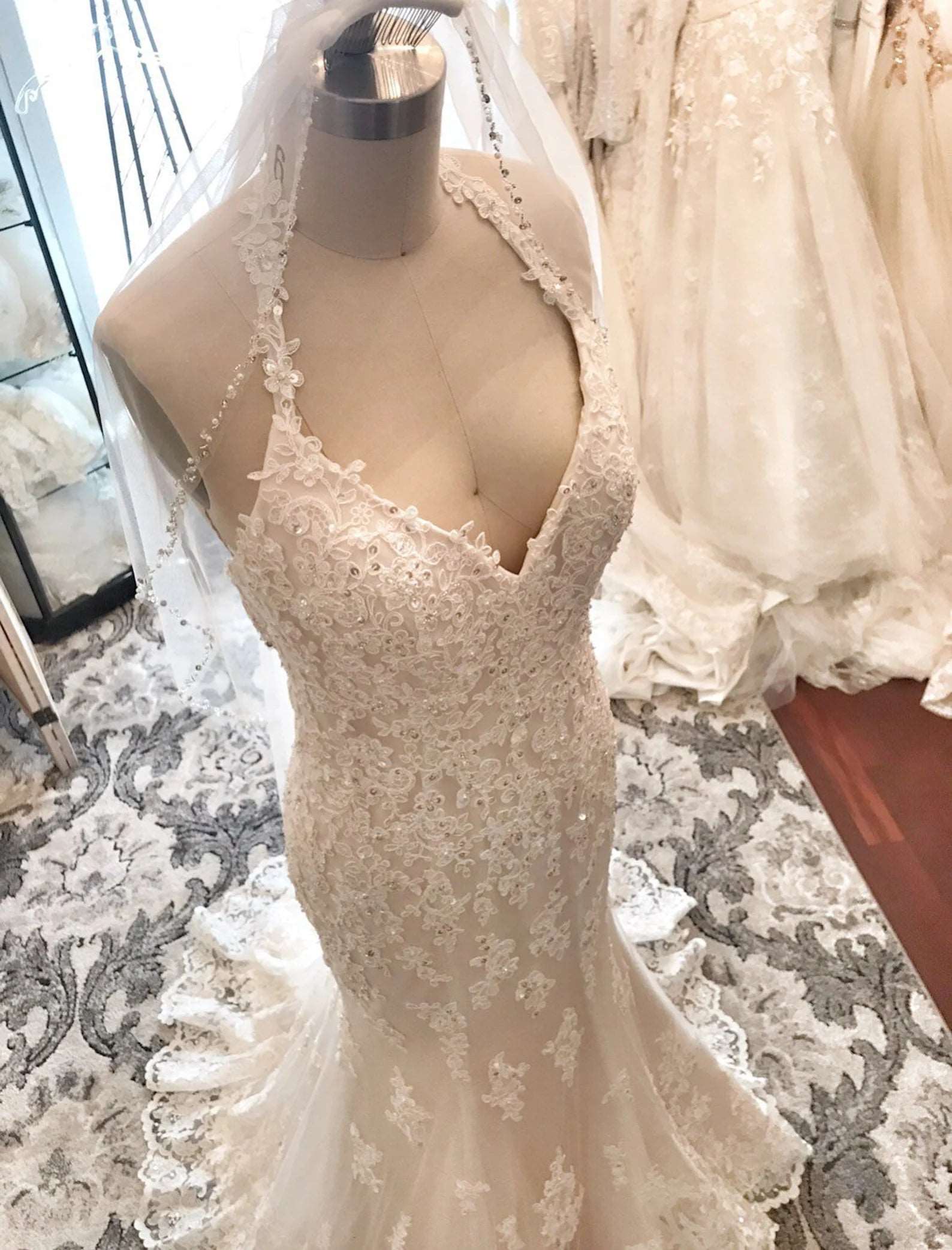 Halter Sequin Floral Lace Fit & Flare Wedding Dress | Shop A.Cherie Light Ivory / US8 Halter Sequin Floral Lace Fit & Flare Wedding Dress | Shop A.Cherie Light Ivory / US8