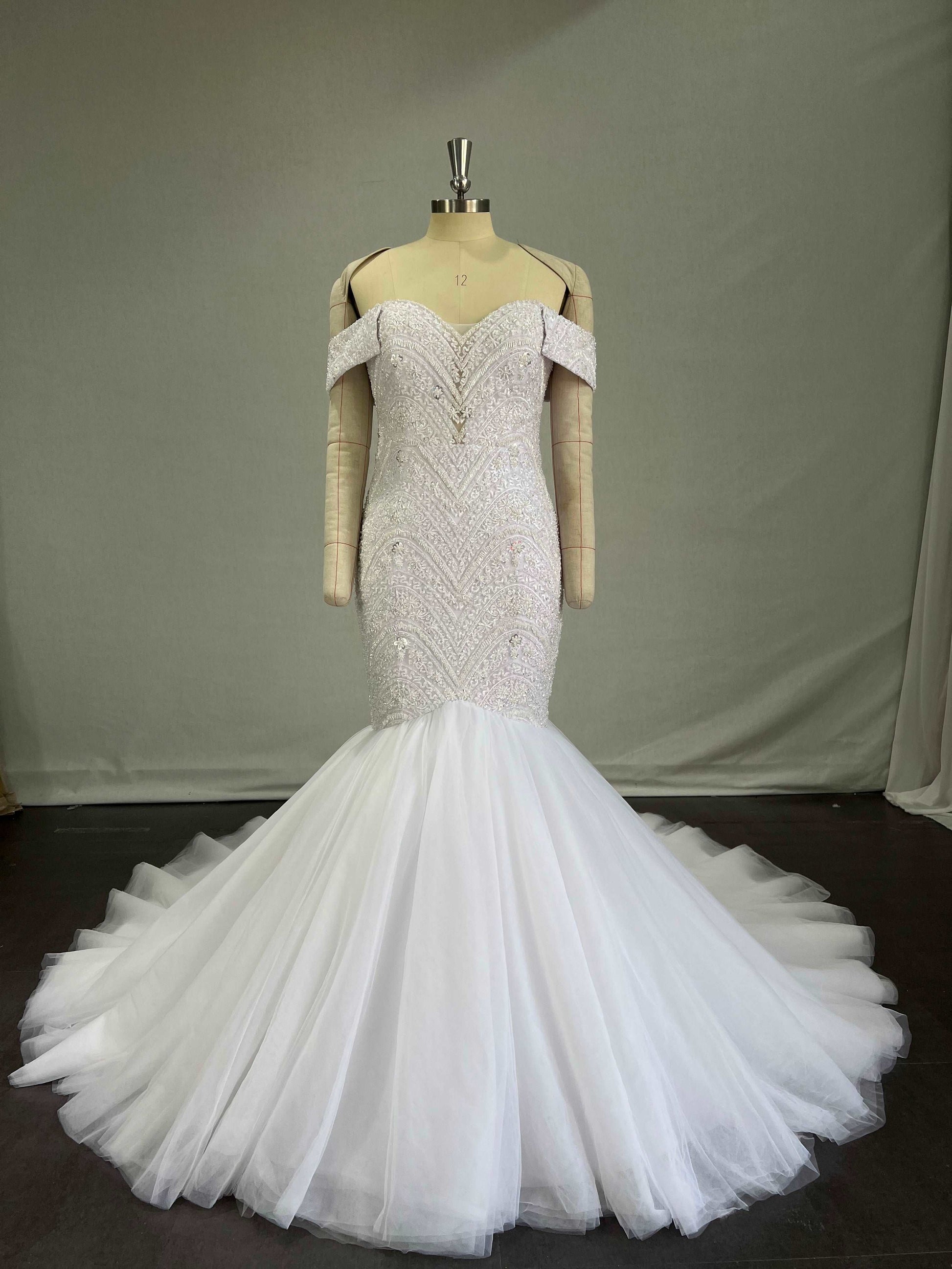 Made to Order Off Shoulder Beaded Mermaid Wedding Dress | Shop A.Cherie Light Ivory / US 20 Made to Order Off Shoulder Beaded Mermaid Wedding Dress | Shop A.Cherie Light Ivory / US 20