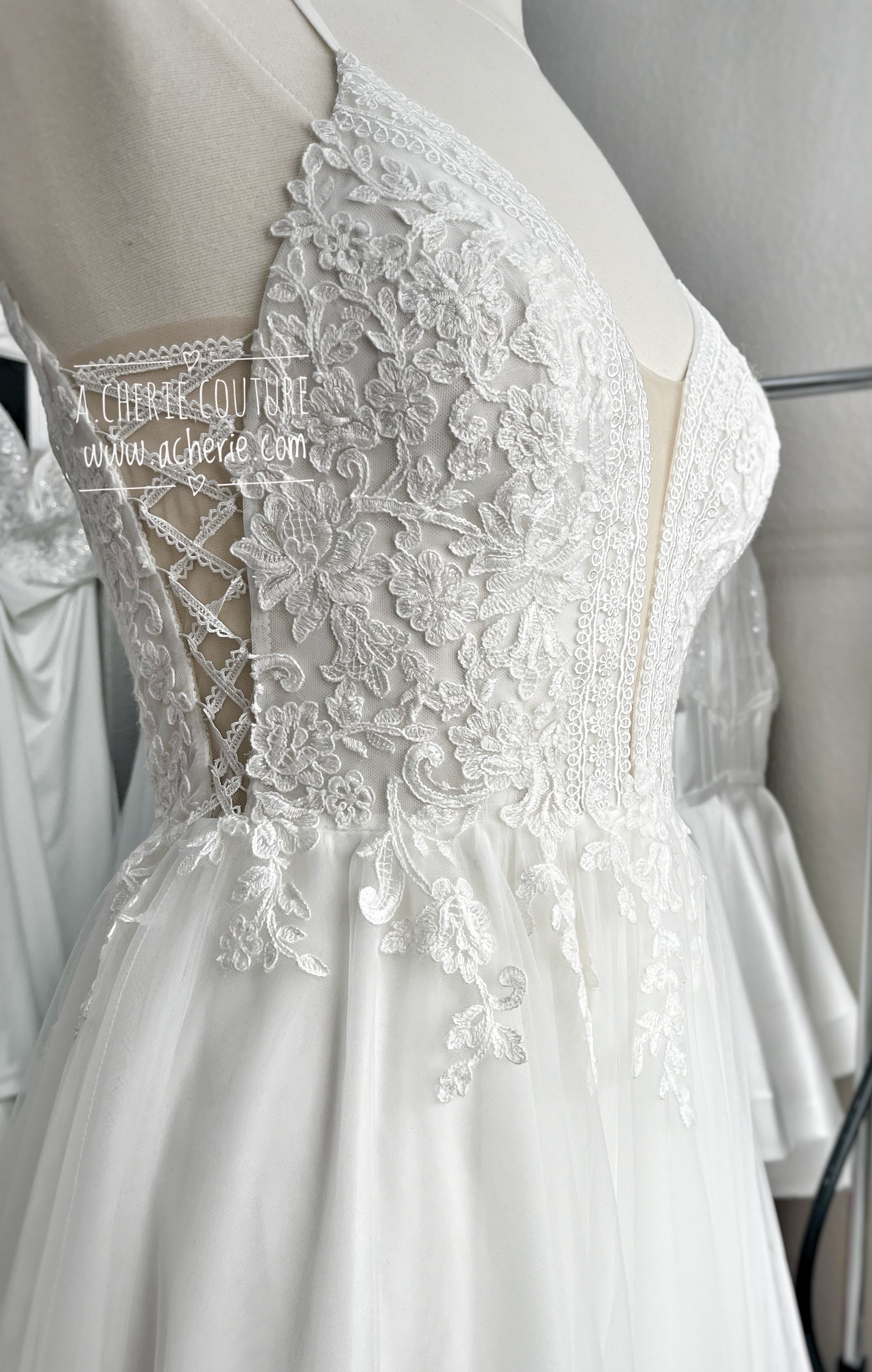 Boho Lace Wedding Dress with Lace Up Cut-Outs | Shop A.Cherie Light Ivory / US26 Boho Lace Wedding Dress with Lace Up Cut-Outs | Shop A.Cherie Light Ivory / US26