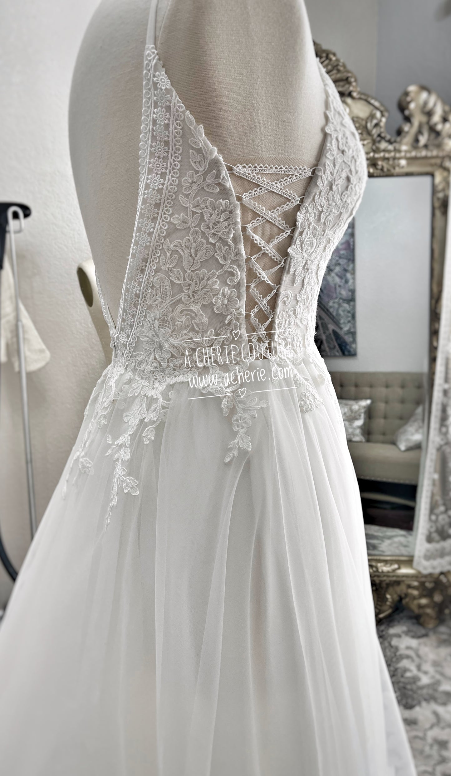 Strap Plunge Neckline Side Cut-Outs Lace & Tulle A-Line Wedding Dress Daisy - A.Cherie Couture Shop