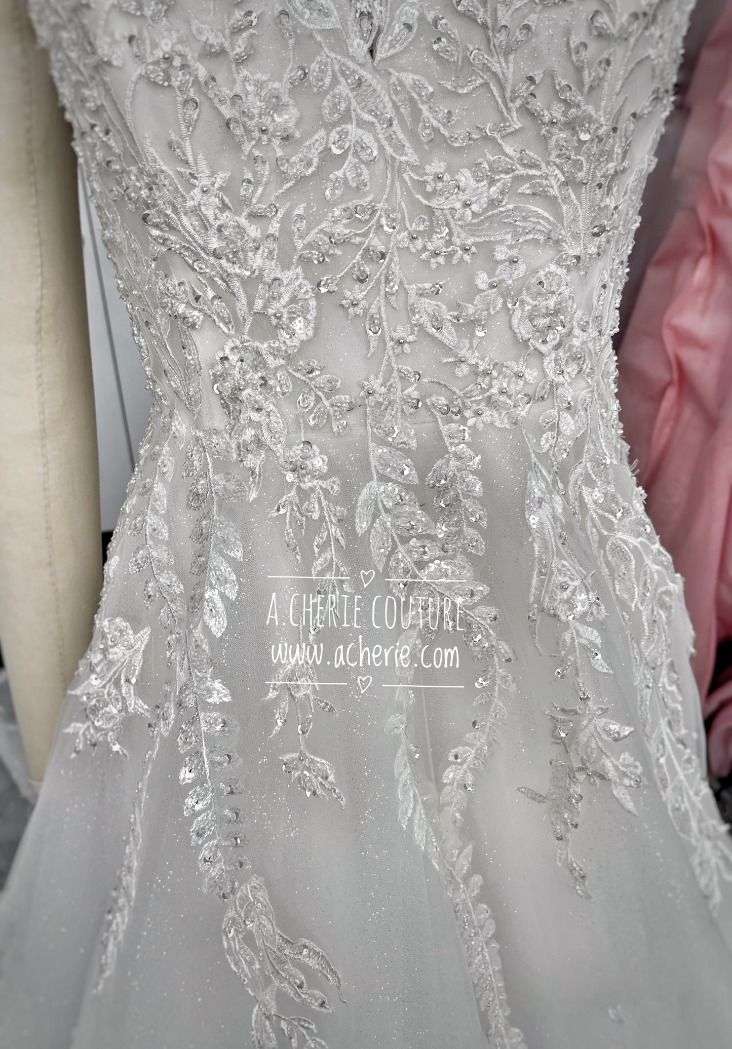 Sheer Back Off Shoulder Glitter & Beaded A-Line Wedding Dress Lily - A.Cherie Couture Shop