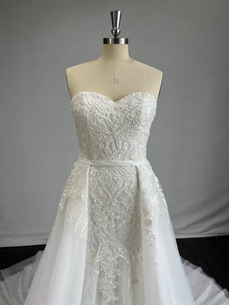 Beaded Floral Lace on Tulle Princess Seam Wedding Overskirt - A.Cherie Couture Shop