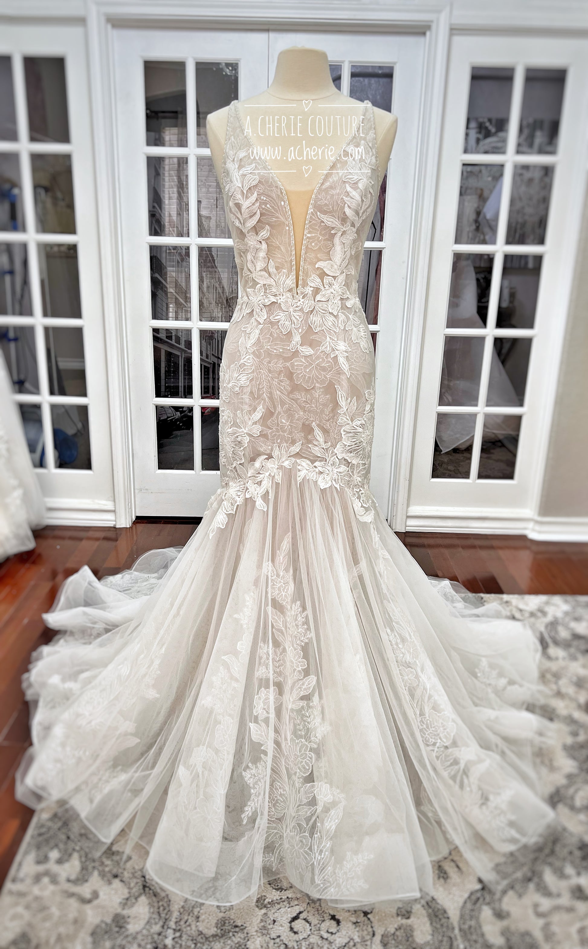 Low Back Plunge Beaded Floral Lace Trumpet Wedding Dress | Shop A.Cherie Light Ivory / US6 / Lined Bodice Low Back Plunge Beaded Floral Lace Trumpet Wedding Dress | Shop A.Cherie Light Ivory / US6 / Lined Bodice